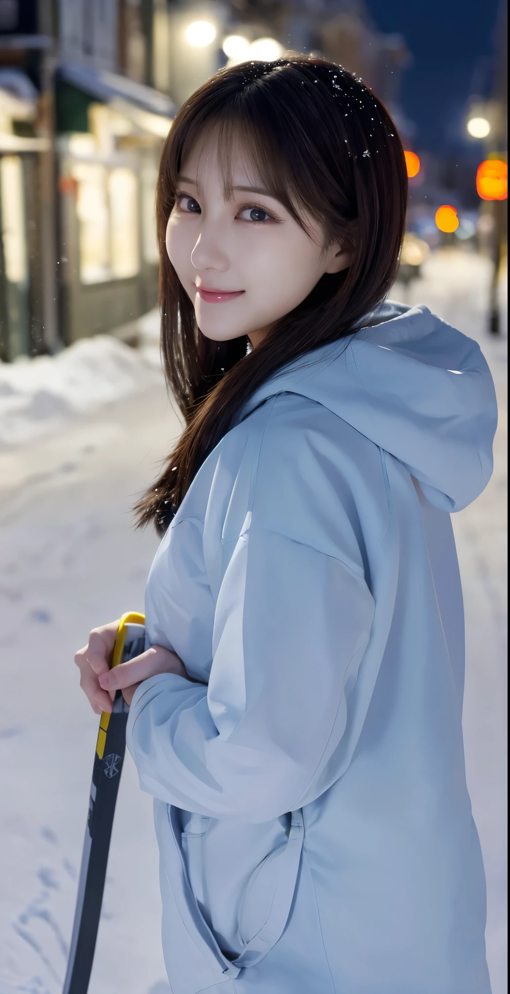 1 girl, (Wear ski wear:1.2), ( RAW photos in the loop, top quality), ( is present, photorealistic :1.4), masterpiece, (( Knee-length shots )), so delicate and beautiful, extremely detailed outdoors, 2k wallpaper, wonderful, Finely Details, Highly Detailed CG Unity 8k Wallpaper , Super Detail, high resolution, Soft light, beautiful detailed girl wearing a blue trench coat , Extremely Sophisticated Eyes and Faces , beautiful detailed nose, beautiful detailed eyes, cinematic lighting that grabs his body, The lights that color the city on a snowy night , Snow Scenery , It's Snowing , There'Snow in my hair , perfect anatomy, slender body, I was nervous.,
Straight semi-long hair , bangs, viewers, smile