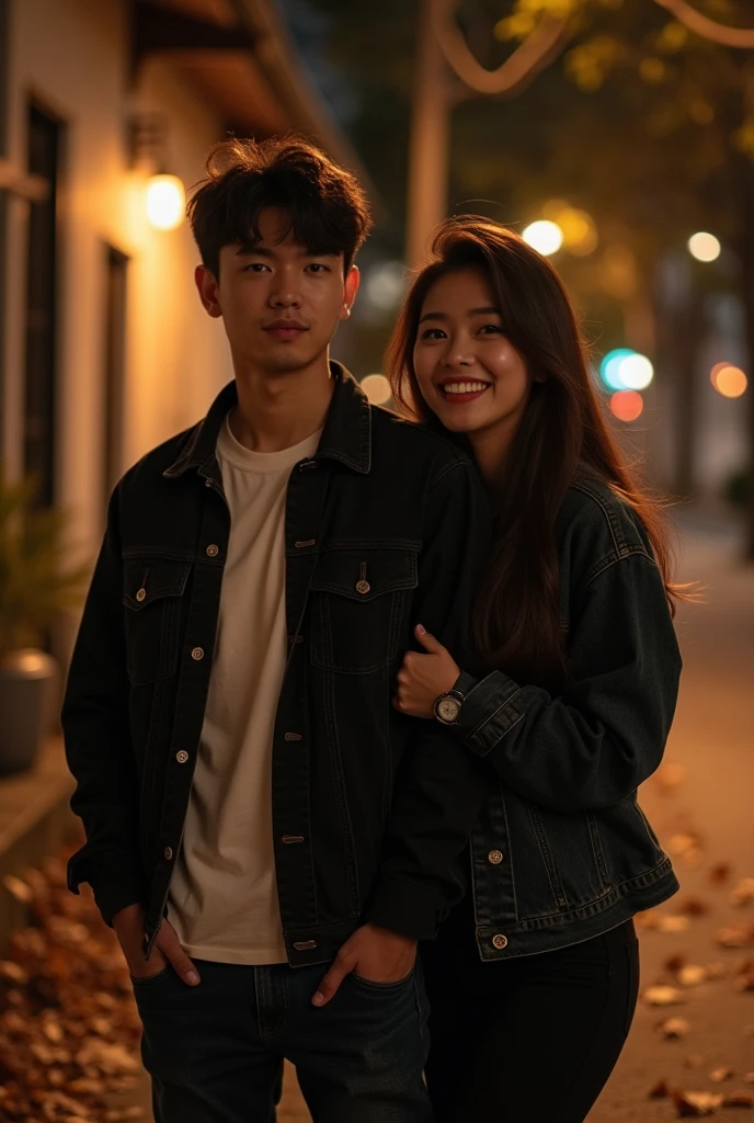 photography Realistis, Young Korean-faced Married Couple, Walking Together on the Sidewalk, Walking Intimately, Woman Leaning Clingingly and Smiling, long-haired woman wearing a Short dress and White Jeans Jacket, Short Undercut White-Haired Man, wearing a black shirt with the words "Shadie" and White Hoodie, Background of sidewalk and several Cafes along the road at night, Romantic vibes, Other People's Activities, Realistic, UDH
