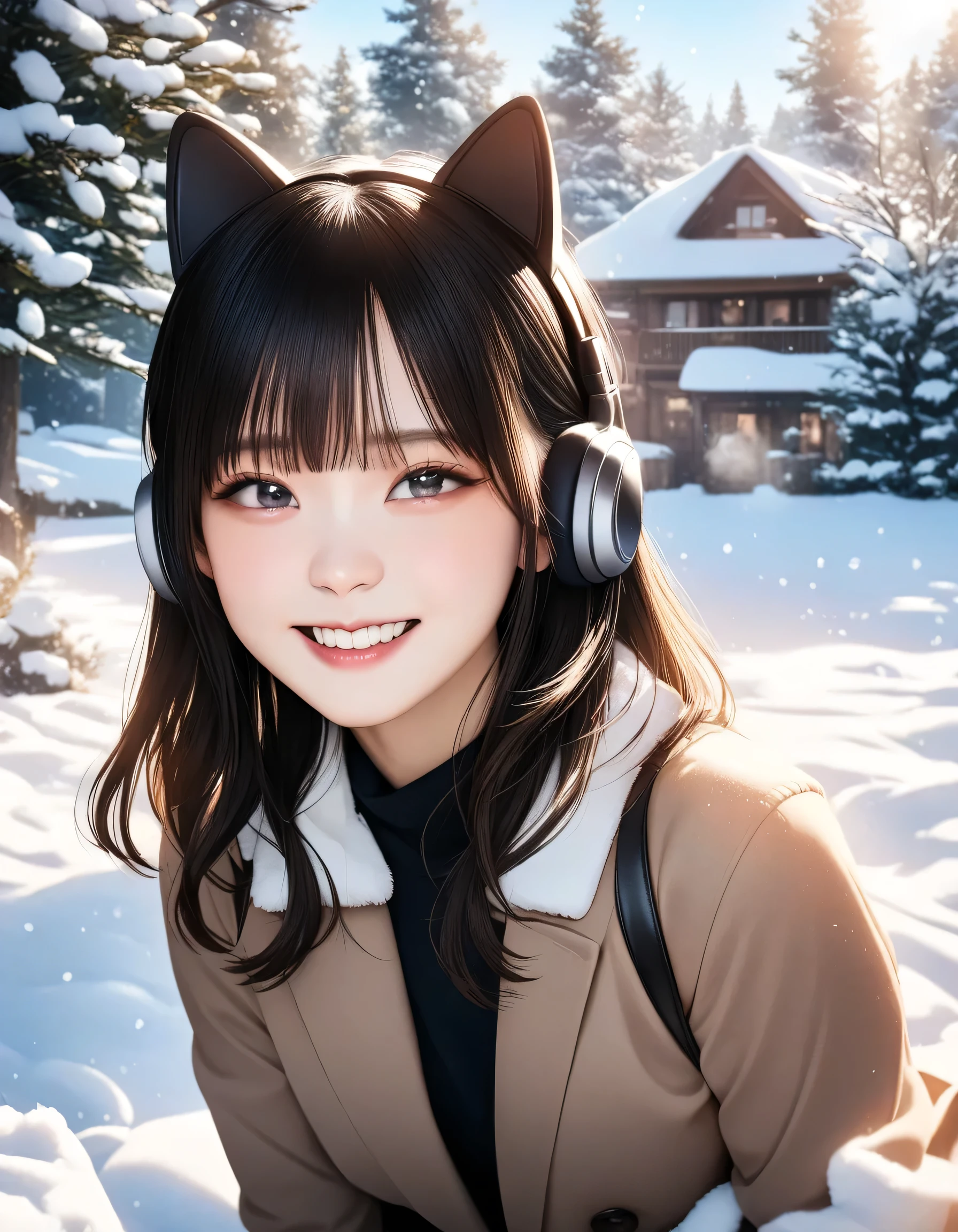 best quality, very aesthetic, absurdres, 16k, super detail, 1girl, snow, winter, cat ear headphone, morning sunshine