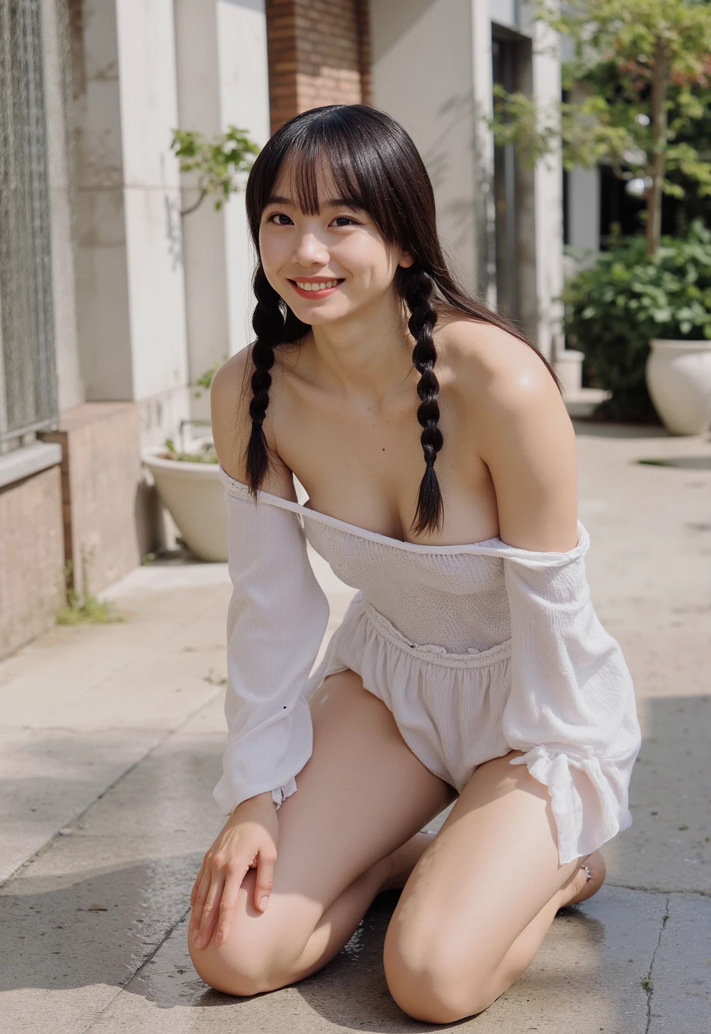 (4K, masterpiece, high quality, Details), ((I only wear a white camisole with no shoulder straps and white panties with a small area, slender, sexy collarbone, can see her cleavage, flat chest, short, Clothes Are Wet , Position of putting on your knees and leaning forward)), (( braid braids)), {{ :1.4}}, Pear Shape 、 body with thick subcutaneous fat , ( RAW photos in the loop, top quality ), (reality, reality:1.4), beautiful details, beautiful lip details , Very elaborate eyes and face , perfect anatomy, ( flat chest:1.5)