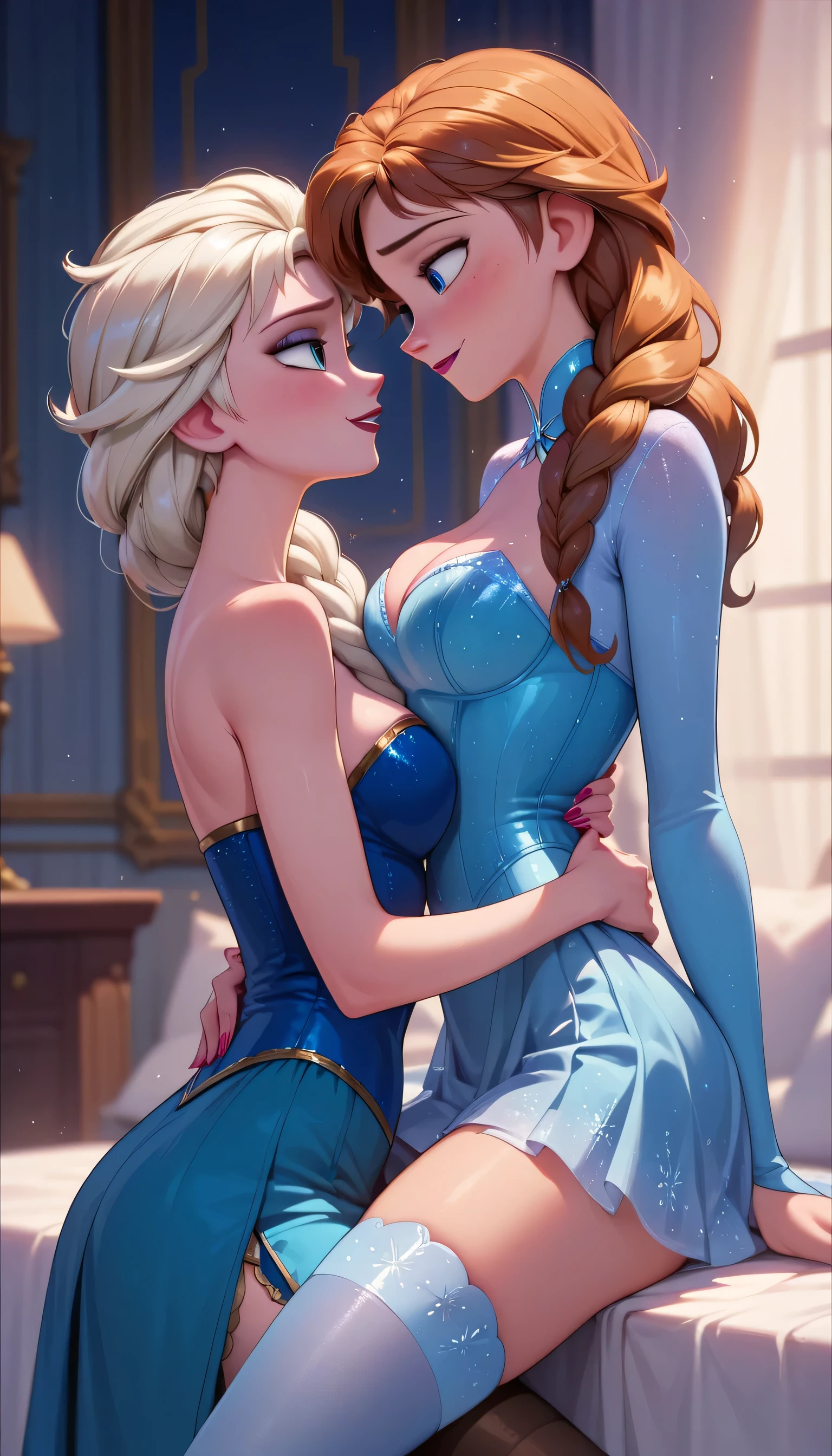 Sexy anna and elsa from frozen, sexy skirts and stockings, sexy looking at each other with deep passion