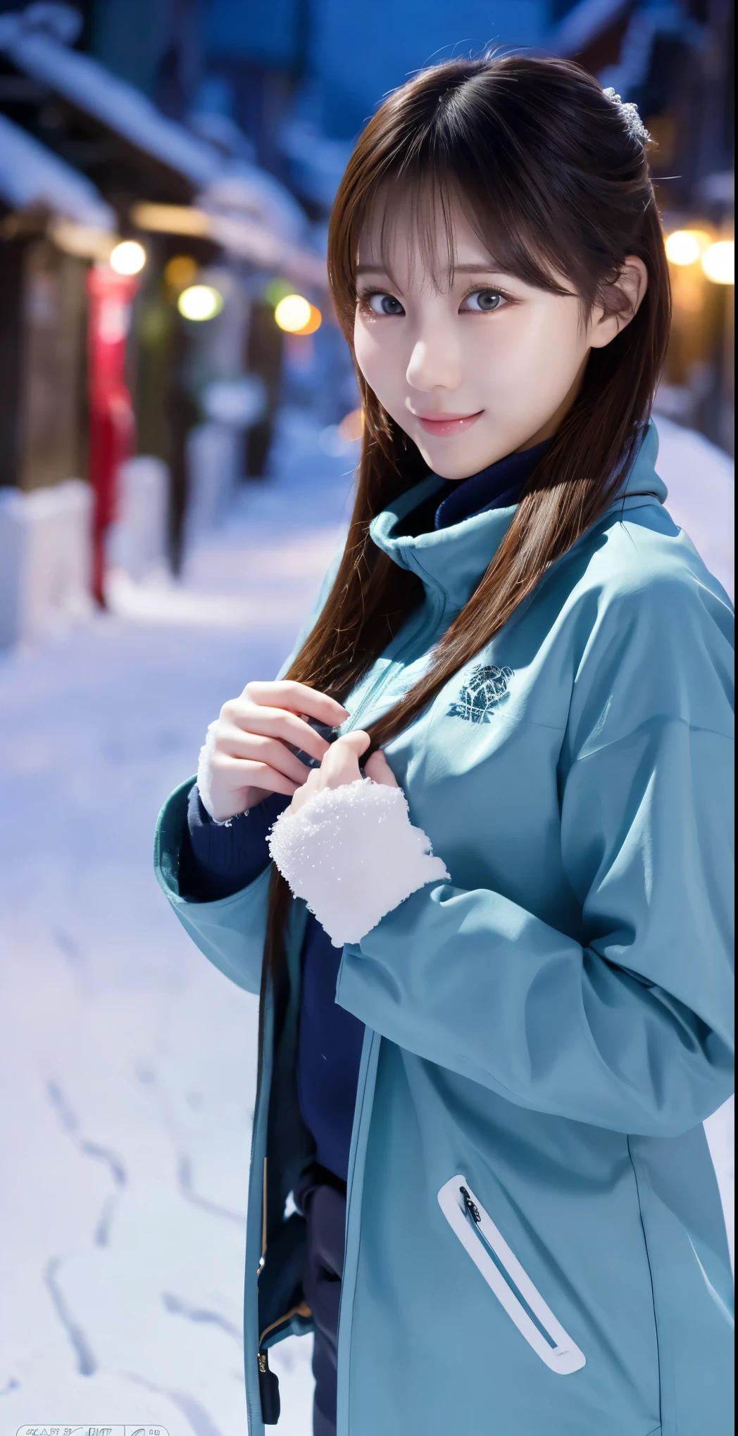 1 girl, (Wear ski wear:1.2), ( RAW photos in the loop, top quality), ( is present, photorealistic :1.4), masterpiece, (( Knee-length shots )), so delicate and beautiful, extremely detailed outdoors, 2k wallpaper, wonderful, Finely Details, Highly Detailed CG Unity 8k Wallpaper , Super Detail, high resolution, Soft light, beautiful detailed girl wearing a blue trench coat , Extremely Sophisticated Eyes and Faces , beautiful detailed nose, beautiful detailed eyes, cinematic lighting that grabs his body, The lights that color the city on a snowy night , Snow Scenery , It's Snowing , There'Snow in my hair , perfect anatomy, slender body, I was nervous.,
Straight semi-long hair , bangs, viewers, smile