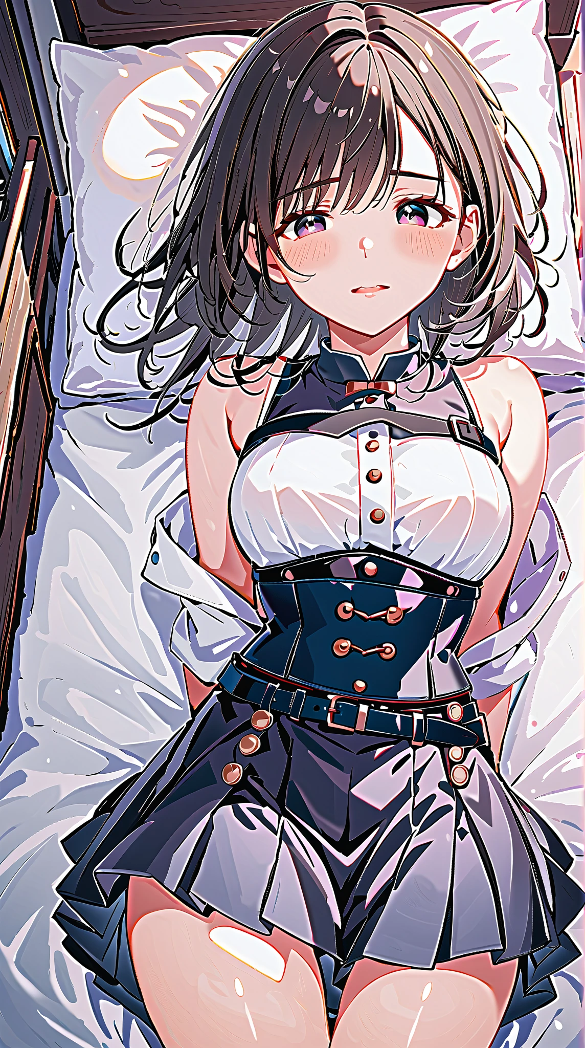 Anime girl lying in bed, sad crying, there are chains around, anime moe art style, detailed key anime art, best anime 4K konachan wallpaper, highest rated on pixiv, kavasi, anime style 4 K, cute girl anime visual, 4k anime wallpaper, anime art wallpaper 4K, anime art wallpaper 4 K, loli in skirt