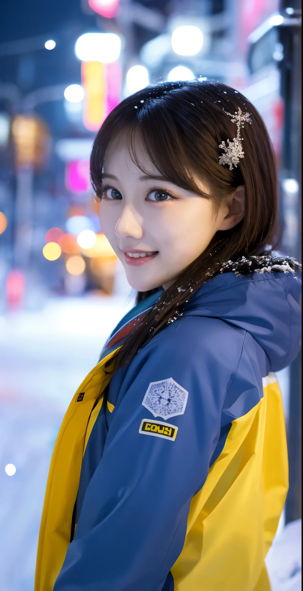 1 girl, (Wear ski wear:1.2), ( RAW photos in the loop, top quality), ( is present, photorealistic :1.4), masterpiece, (( Knee-length shots )), so delicate and beautiful, extremely detailed outdoors, 2k wallpaper, wonderful, Finely Details, Highly Detailed CG Unity 8k Wallpaper , Super Detail, high resolution, Soft light, beautiful detailed girl wearing a blue trench coat , Extremely Sophisticated Eyes and Faces , beautiful detailed nose, beautiful detailed eyes, cinematic lighting that grabs his body, The lights that color the city on a snowy night , Snow Scenery , It's Snowing , There'Snow in my hair , perfect anatomy, slender body, I was nervous.,
Straight semi-long hair , bangs, viewers, smile