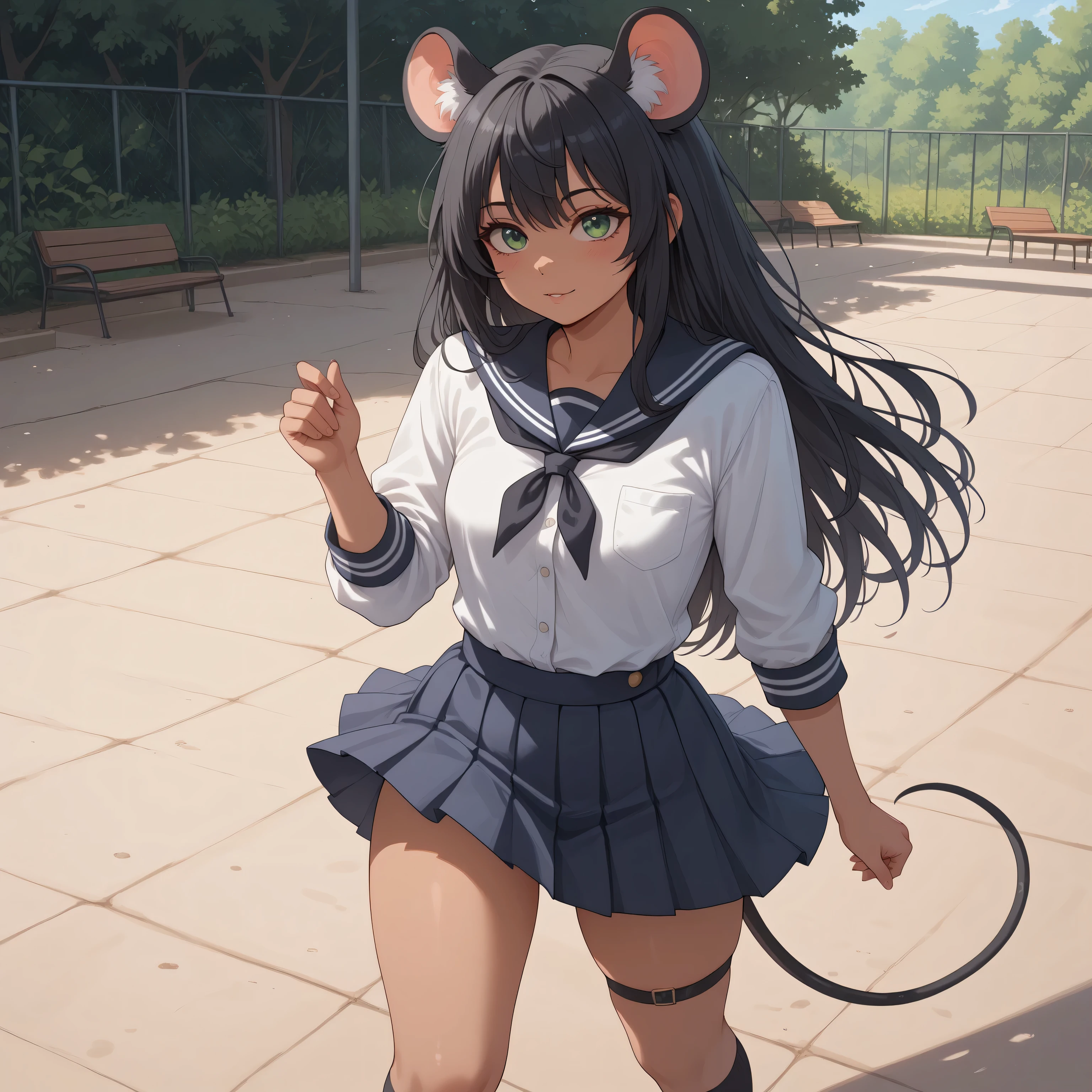 (Masterpiece) (High Detail) (High Res) A tiny short small Humanoid Mouse Female with tanned skin and bright green eyes and long black hair and fluffy black mouse ears and a mouse tail and small breasts. She is wearing school uniform. Button up blouse and pleated skirt and thigh high socks. She is stood in a playground park. Long Hair. Tanned skin. Black mouse tail.