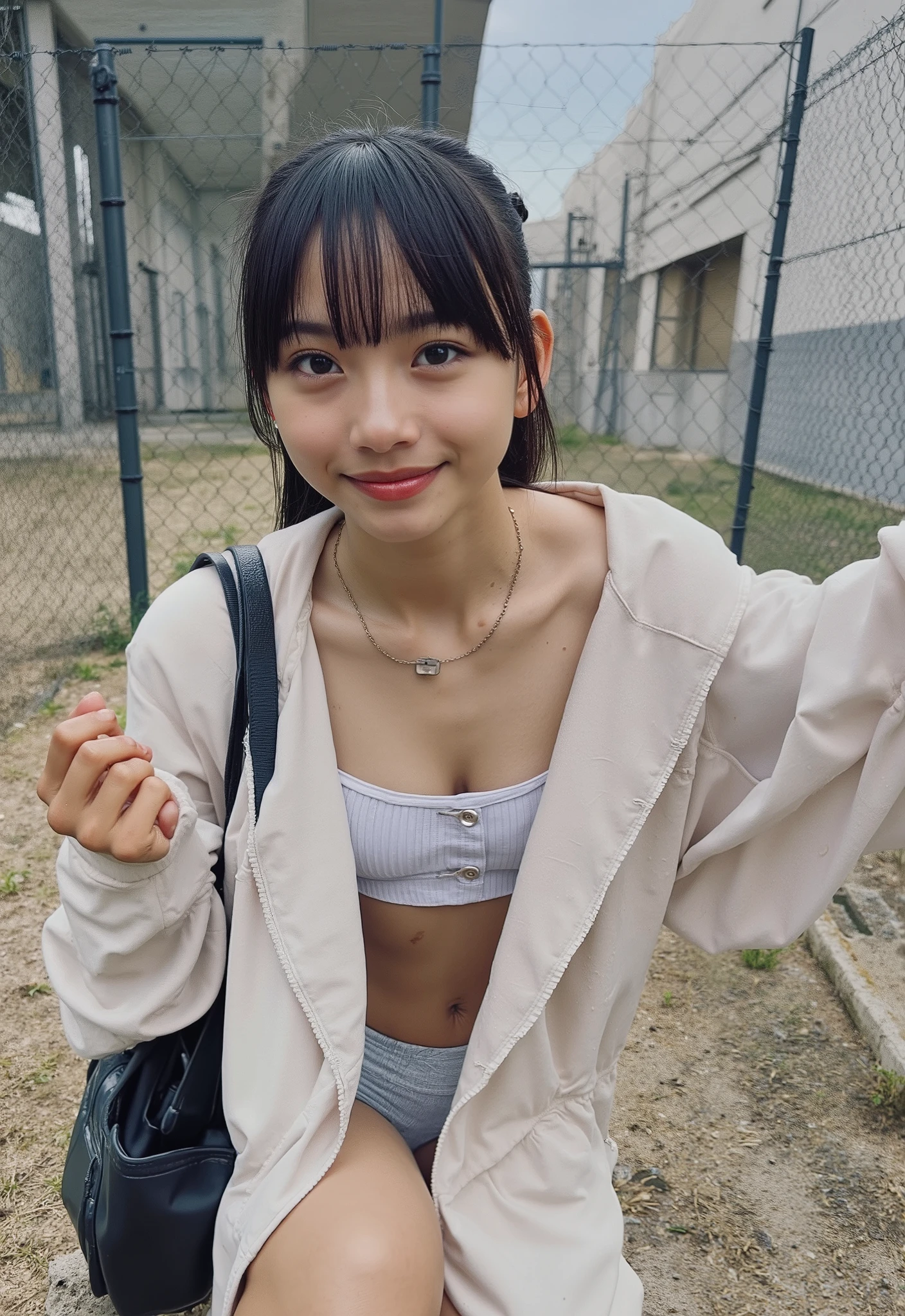 (4K, masterpiece, high quality, Details), ((I only wear a white camisole with no shoulder straps and white panties with a small area, slender, sexy collarbone, My chest is wide open , flat chest, short, Clothes Are Wet , Position of putting on your knees and leaning forward)), (( braid braids)), {{ :1.4}},, ( RAW photos in the loop, top quality ), (reality, reality:1.4), beautiful details, beautiful lip details , Very elaborate eyes and face , perfect anatomy, ( flat chest:1.5)