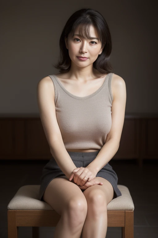 ((Best Quality, 8k, Masterpiece, Portrait: 1.3)), (looking at viewer),Photorealistic, Sharp Focus, 1 Beautiful Japanese Milf, ((wearing only camisole, only stained pantie)), Clothes with Cleavage View, 30 Years Old, Wavy Hair, ((Open your legs wide:1.5, Sit one knee up:1.5, show crotch)), (loose waist:0.5), darkness room, (open mouth:0.7),