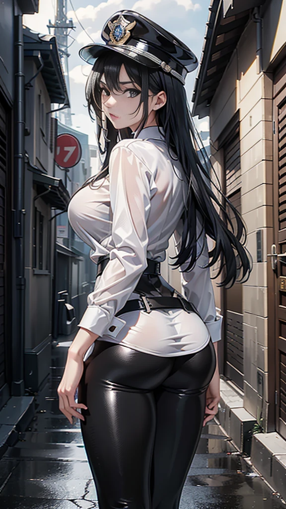 black hair, extremely long hair, yellow eyes, pale skin, muscular, large DD breasts, thick thighs, mad, Teachers uniform, 1 waifu woman, crop top shirt, shirt knotted from bottom, open shirt, no bra, flat stomach, busty, pouty lips, bitting own lip, side view, side ass, grab own ass, deep skin, soft ass, 
