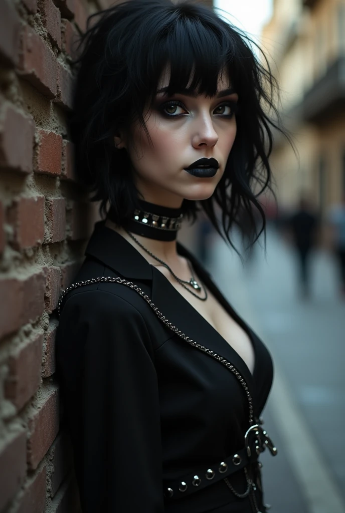 1girl, goth punk haircut, facing viewer, flat bangs, outdoors, leaning on wall, black lipstick, medium breasts, earring