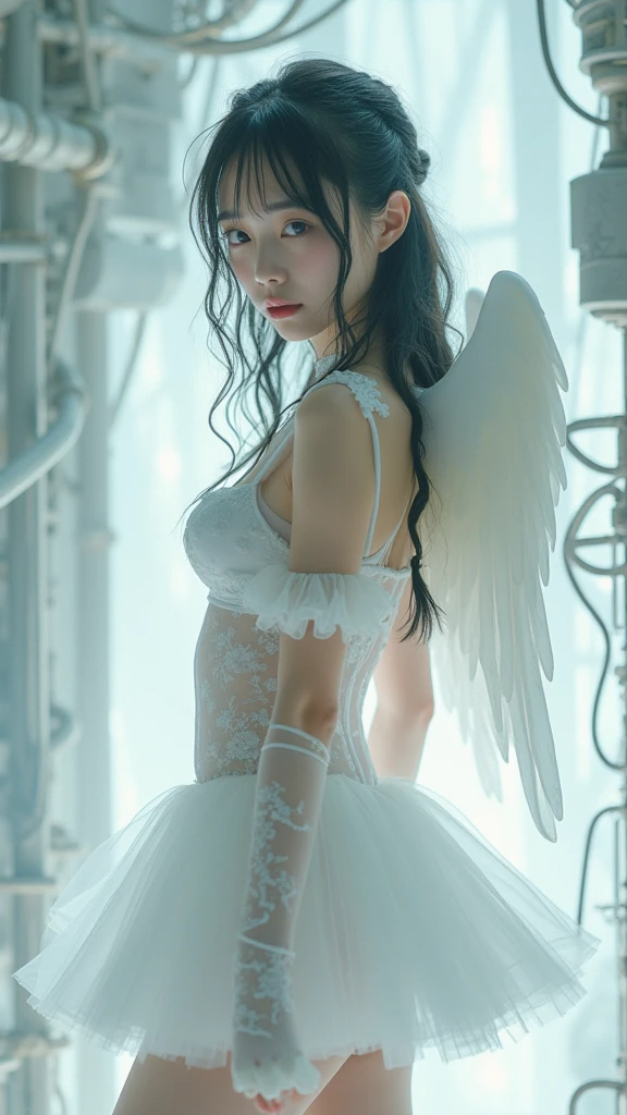 A beautiful girl wearing a white mini dress with wings、Puru によるMarble sculpture、whole body、Deviantart Contest Winner、Gothic アート、Made of feathers、Gothic、Marble sculpture