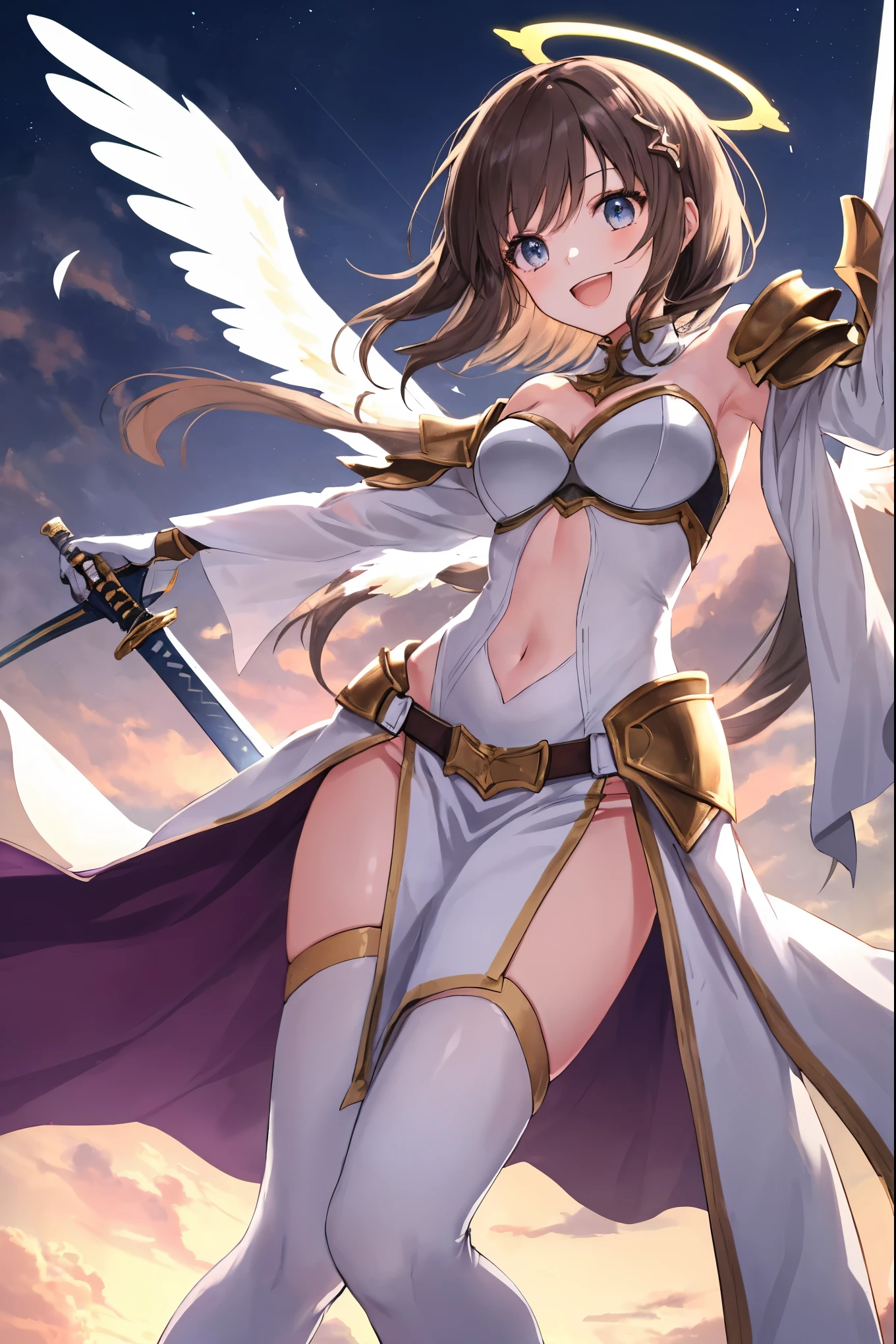 fantasy, 1angel_girl, teen, brown_hair, ponytail_hair, (dark_skin)+, bare_shoulder, navel, thigh,silver_shiny_armor, white_clothes,waist_armor, glebe, hold_swords, big_, angry, dynamic_fighting_pose, floating, (1pair_white_wings), (abs)0.9, sunrise_city_background,(pelvic_curtain)++, open_mouth, headgear, large_ass