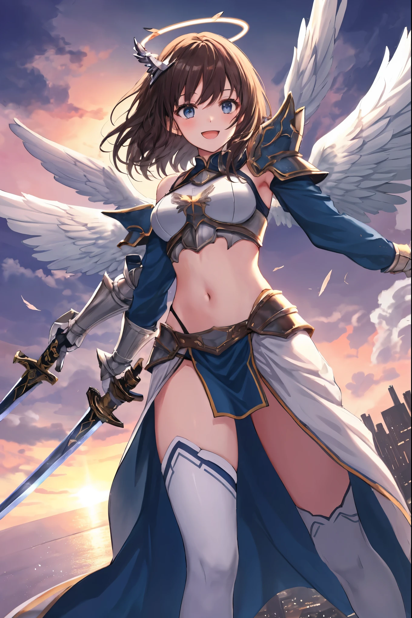fantasy, 1angel_girl,(young_teen:1.5), ,brown_hair, medium_bob_hair, long_bangs, halo,bare_shoulder,thighhighs,silver_armor, waist_armor, large_breasts,1pair_wings, dynamic_pose_fighting,floating, bare_crotch, headgear,gauntlet, greaves,city_landscape_background,slightly_spread_legs, solo, groin_naked,smile