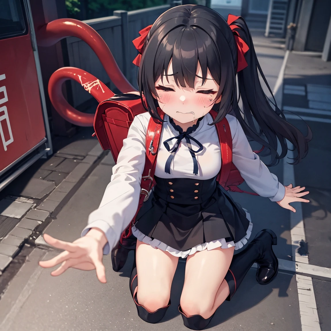 masterpiece, best quality, 1 woman, student, forehead, ribbon, Erotic face, Condom in the mouth, Condom wrapper, , Juicy pussy, Playground, kneel down, from above