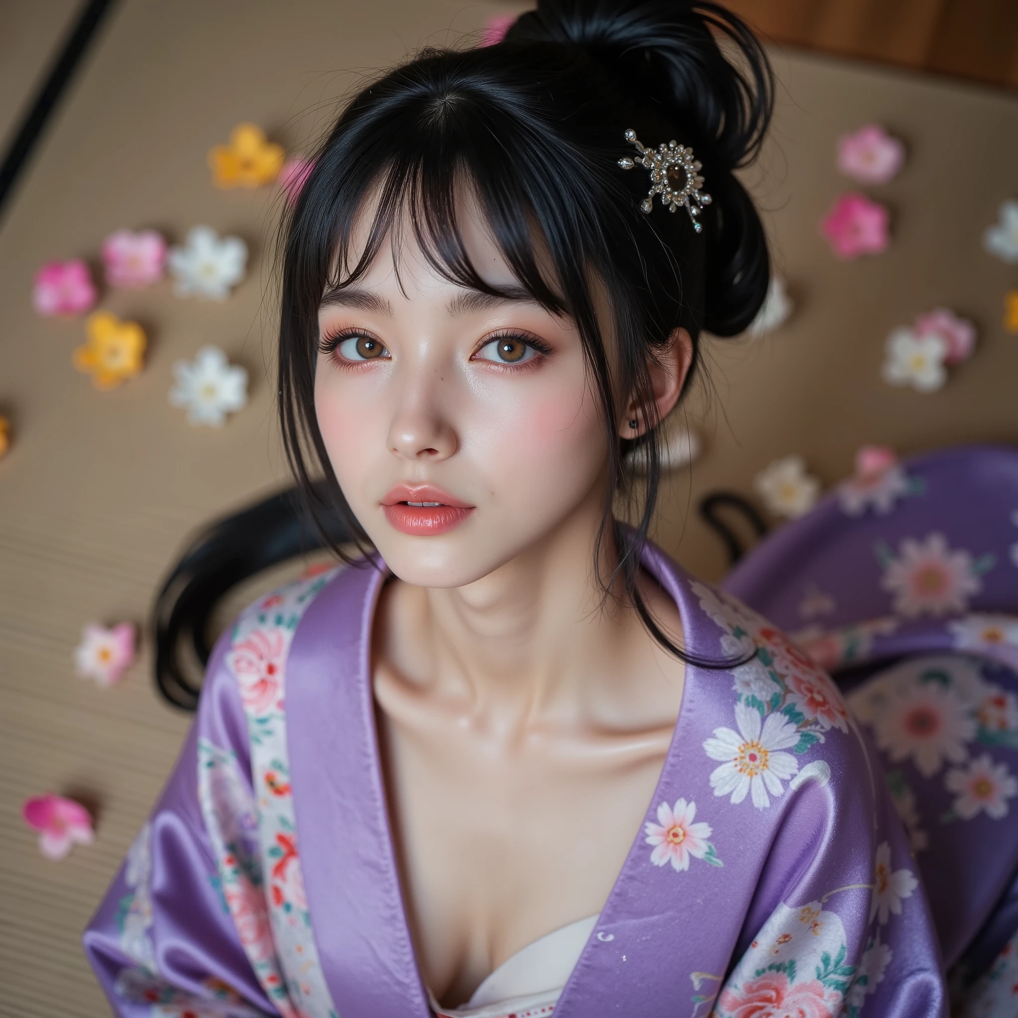 (Canon), (EOS R5), (50mm), (( photorealistic :1.5)), (No lens flare :1.5), (超 high resolution), (masterpiece), accurate, ( is presentな質感の肌), Super Detail, high detail, high quality , Award-winning work , 最 high quality, 32K, depth of coverage, digital camera, award-winning glamour photo , professional lighting, ((最 high quality:1.5)), ((masterpiece:1.5)), (( is present)), high resolution, (とても美しくて可愛い1 personの日本人女性), ((Aerial view from above :1.5)), (( upper body shot lying on your back from head to knee :1.5)), (((lie on your back:1.9))), ((( Take a picture of your upper body lying on your back with your back on tatami mat and your face and chest facing up:1.8))), ((A half-naked Japanese woman wearing a Japanese kimono)), ((Lying on your back on a beautiful tatami mat in a Japanese-style room :1.5)), ((Lie on your back with your face and chest up :1.5)), ((( wearing only Japanese kimonos , no underwear, no shoulder straps , Semi-nude:1.5))), ((( The front of the kimono is wide open to see the cleavage between the shoulders and bust :1.8))), (1 person), ((Beautiful and cute, 18 year old Japanese)), (( a very cute high school girl who feels young )), ( beautiful black hair ponytail), Very beautiful and sexy, charming beauty, seductive pose holding hands, Height: 160cm, slim figure, Beautifully shaped bust , D Cup, (A very cute, cheerful smile:1.5), ( alone:1.5), ( brown eyes:1.9), ( Detailed depiction of extremely realistic skin ), (Highly detailed, realistic eyes:1.9), (Very beautiful, long, realistic eyelashes), (Highly detailed, realistic eyebrows), (丸い brown eyes :1.8), ( beautiful catchlight on the eyes), (Realistic lips with moisture ), ( white realistic teeth arranged neatly), ( Beautiful and Detailed Face :1.6), ( hourglass figure:1.6), (Wasp waist :1.5), ( Perfectly round and beautifully shaped bust :1.8), ( clearly contoured cheekbones :1.5), ( perfectly styled body :1.8), (Healthy body :1.8), (Narrow shoulders:1.9), ( staring at viewers), ( seductive gaze), (Beautiful, natural-looking hands), ( beautiful pink nails with a beautiful length ), ( show your hands as little as possible ), ( very cute smile:1.1), (Waist, I can see my stomach:1.4), Intricate and detailed, colorful depiction , (( A purple Japanese kimono with a beautiful and cute floral pattern designed like an orchid:1.5)), (( putting on a kimono to show cleavage between both shoulders and bust :1.3)), ((( off shoulder:1.8))), (( Beautiful purple Japanese kimono with a beautiful floral pattern )), ((Kimono with a flower pattern on purple fabric )), ((I can't show my feet)), Flower Hairpin, (Ikebana can be seen behind it ), extremely sexy sensual body , , like々 sensual elegance, Black and White, sexy look , Lying on the tatami mat in a Japanese-style room, shot taken from directly above, ( Beautiful pink, yellow, and white petals are scattered on the tatami mat), Japanese style hairpin, Japanese Style Hair Ornament, A gentle-looking face, thin waist, ( the kimono is large and the shoulders and chest are quite exposed ), ((I can't show my feet)), blur background, Illuminate the face, beautiful body line , Beautiful, realistic skin , Art Photography, beautiful soft lighting ,