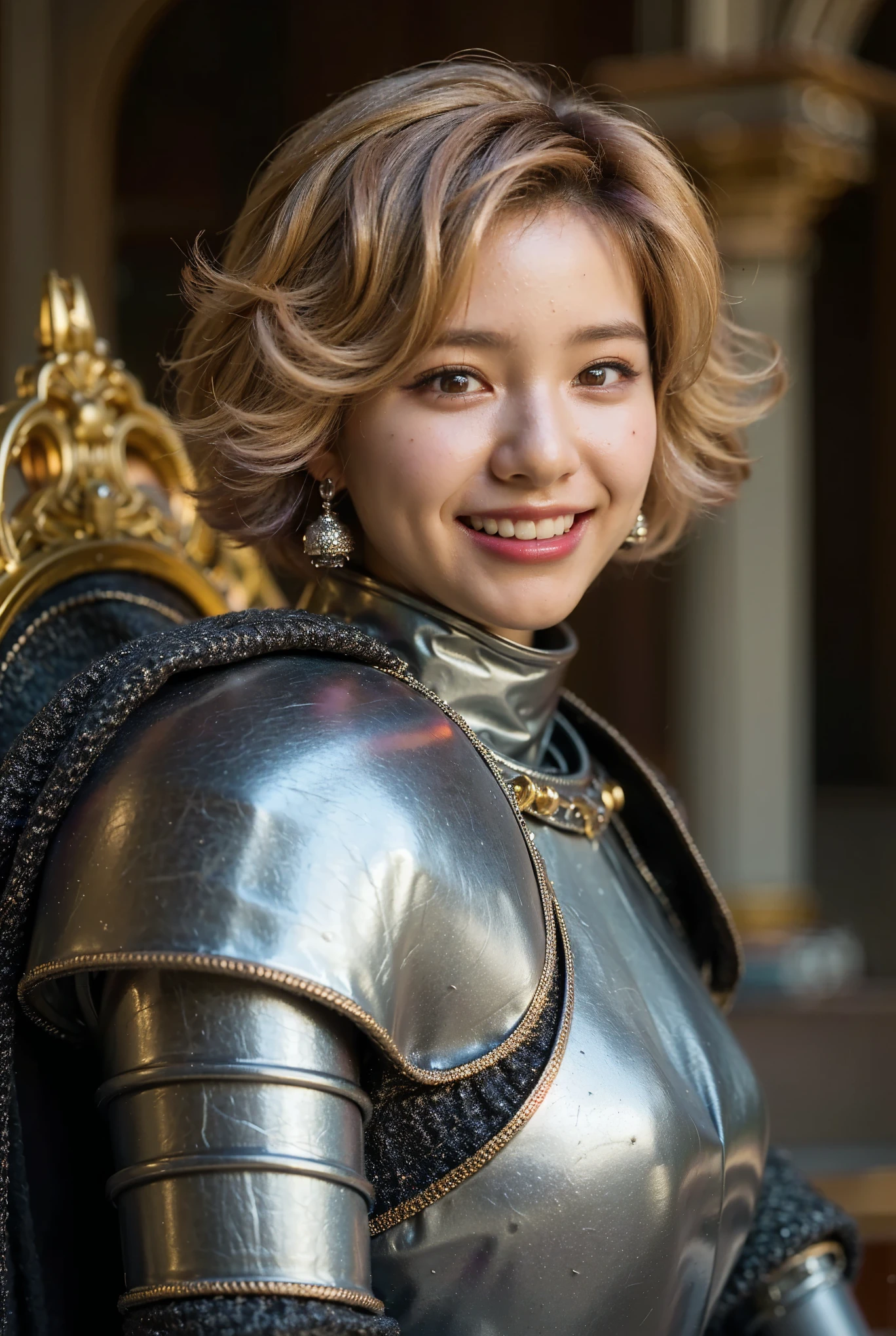 (Completely live action:1.37), (Amazingly realistic textures:1.37), (masterpiece, best quality:1.2), (8k uhd, 16k, 32k, ultra high res), amazingly realistic skin, amazingly realistic photo, superrealism, (photorealistic:1.37), (RAW photo), ultimately realistic, (ultimately realistic all details), (ultimately realistic all textures), super realistic lighting, super realistic shadow, (japanese girl:1.5), ((young face)), smiling, happy, super realistic face, ultimately realistic skin, ultimately realistic eyes, (mascara:1.35)ultimately realistic background, ultimately realistic detail up, kkw-ph1, ((drooping eyes, cyberpunk-style cyborg girl, amazingly intricate details, Anatomically perfect hands, mechanical body, silver knight armor, ultra glossy texture, purple hair))