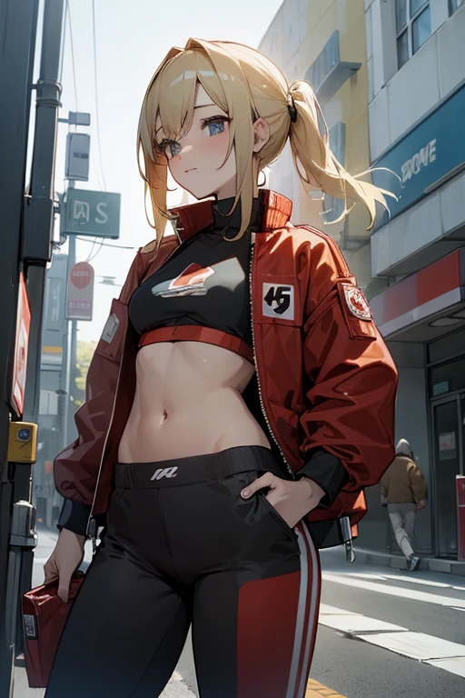 masterpiece, best quality, highres, ccnui, very long hair, blonde hair, ponytail, hair ribbon, hair between eyes, yellow eyes, turtleneck, cleavage cutout, crop top, black shirt, cropped jacket, open jacket, short sleeves, red gloves, black shorts, thigh strap, <lora:nui_sociere_v1:0.7>, walking, cowboy shot, street, night