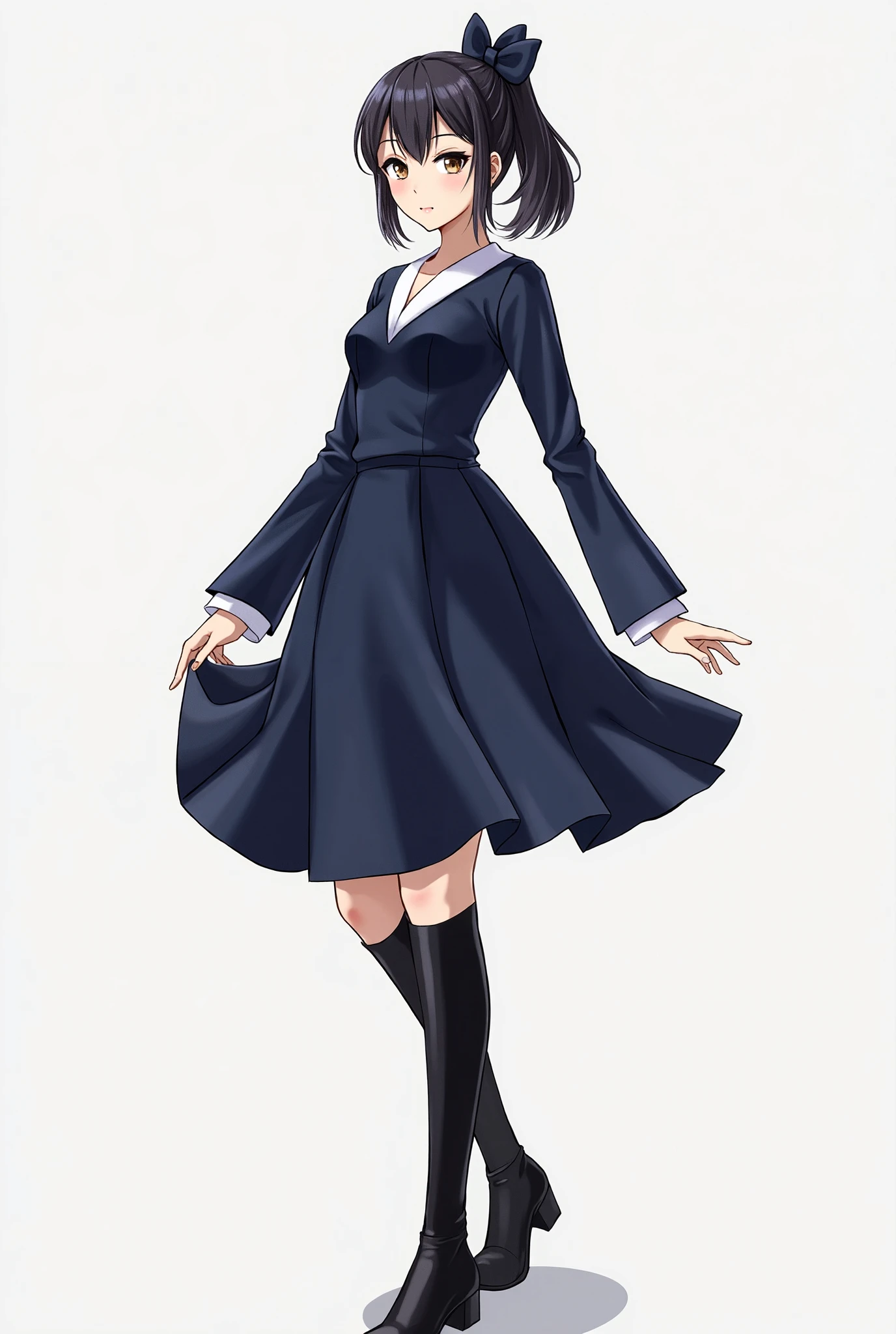 A girl wearing a dark blue flared dress outfit with long sleeves, The V-neck and above the knee dress, boots below the knee color black , hairstyle in a tail with a bow