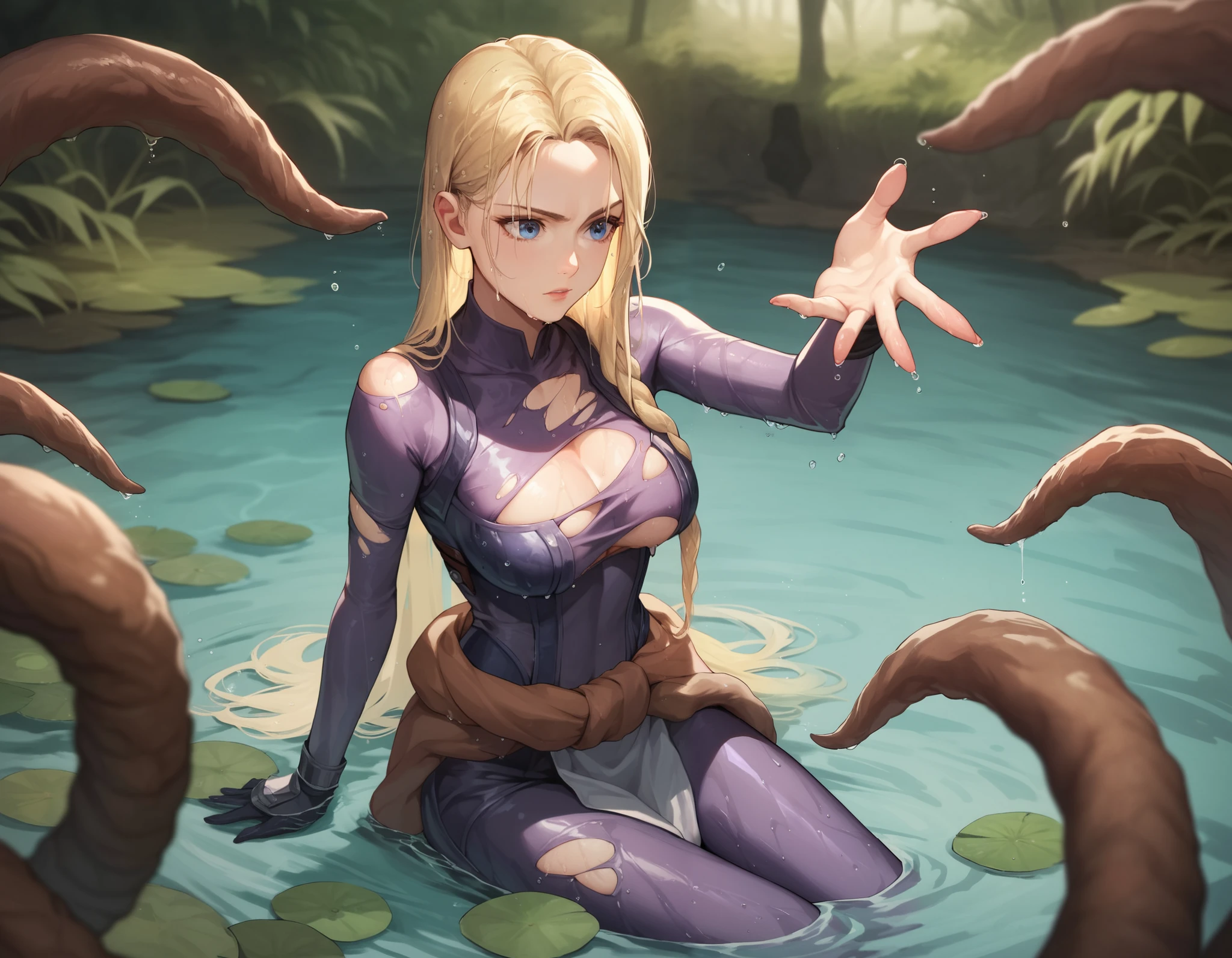 torn pink dress exposing breast and vagina, mature princess, full body, tiara, purple eye, aurora, sleeping beauty, blond hair, ((surrounded by tentacles in a dark forbidden forest at night)), night time, ((bluish light)), scene bathed in blueish moonlight, she is lying on her stomach on the ground, trapped, a beautiful mature woman, thick veiny slimy purple tentacle anatomy, , detailed facial features, large expressive eyes, lush detailed hair, intricately detailed skin texture, dark swamp like location, complex and imaginative composition, highly detailed and realistic rendering, dramatic lighting, vibrant colors, surreal and fantastical, award-winning digital art, 8k, best quality, masterpiece, thick tentacles encircling breast, tentacles tying up arms, ripped clothes, nsfw, perfect breast, nipples, areola, rounded bum, slim body, tentacle sex penetration, thick veiny slimy purple tentacles penetrating vagina, thick veiny slimy purple tentacles penetrating anus, tentacles slipping into mouth, (facial expression of horror, panic, embarrassed, blushing, ), struggling and fighting to get away, body tensed up, tentacles tightly gripping, cumming, vaginal juices flowing, bare breast, nipples, areola, tentacles slipping under her dress, 