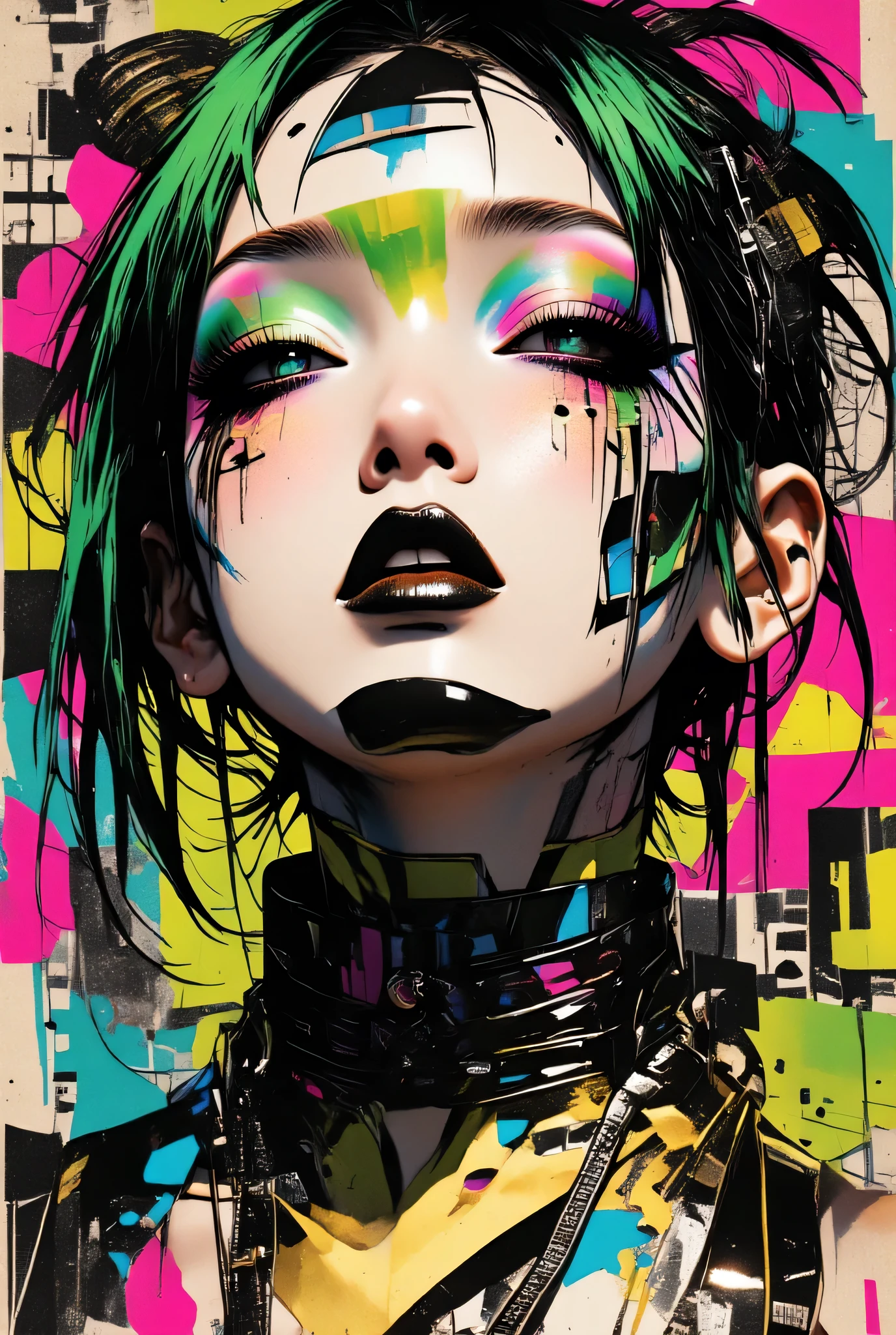 80’s glam rock makeup on shiny face, asian girl, anime, 2.5D, moody lighting, (green, pink, gold), pretty, sexy, minimal, sleek, slender, asian, elegant, futuristic, retro, sophisticated half human half machine, mouth open wide, Kizi,(eyes looking off to side), Highly detailed, Amazing work,Vitreous luster, blues, yellows, Best quality at best,shiny skin, no background, colorful background, green background, pink background, gold, background, plunging neckline, sexy pose, dynamic pose, heavy blushing, huge breasts,