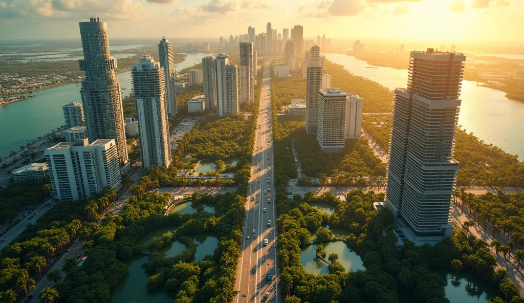 Miami seen from above, big city, sunny, gigante, palm trees, beach, swamps, cars, helicopteros, properties, greenish water, Image from the top