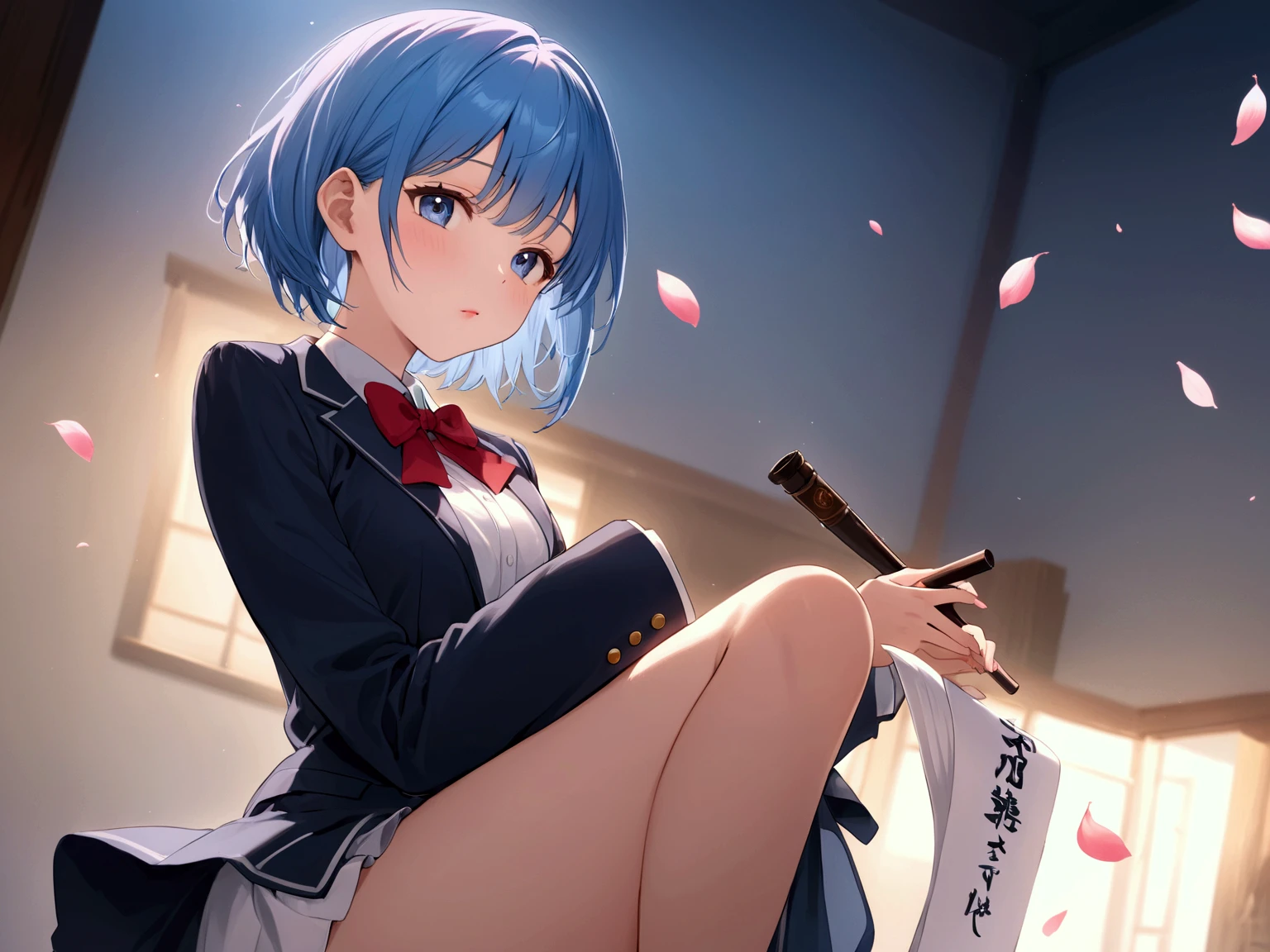 cowboy shot
"A graceful young woman with hime cut light-blue hair
Her droopy eyes navy eys
lipstick deep-pink
soft oval facepetite and slender figure (148cm)
medium breasts,small hip
gentle charm"

"A high school girl stands alone at a Japanese graduation ceremony.
She is wearing a traditional Japanese blazer and holding a diploma scroll tied with a ribbon.
Her expression as she looks back on her school life is a mixture of nostalgia and emotion.
In the background, we can see the school building on a bright spring day with cherry blossom petals falling."
Cute illustration, fantastic illustration, light illustration

score_9, score_8_up, score_7_up, score_6_up,
(masterpiece, best quality, photo realistic:1.3) 
(soft brightness,high saturation,high contrast)
professional lighting, physically-based rendering,
best quality, ultra-detailed, high resolution, extremely detailed CG,
wallpaper, novel illustration, by famous artist,textile shading,
super detailed skin, perfect anatomy detailed,
dynamic angle, dynamic pose,
cinematic lighting, dynamic lighting
(High saturation, low brightness , vivid color,Matte paint,sharpness:0.7) 
Japanese idol,1girl,
japanimation,Line drawing, animated painting 
(Chibi, squinting eyes, human iris)