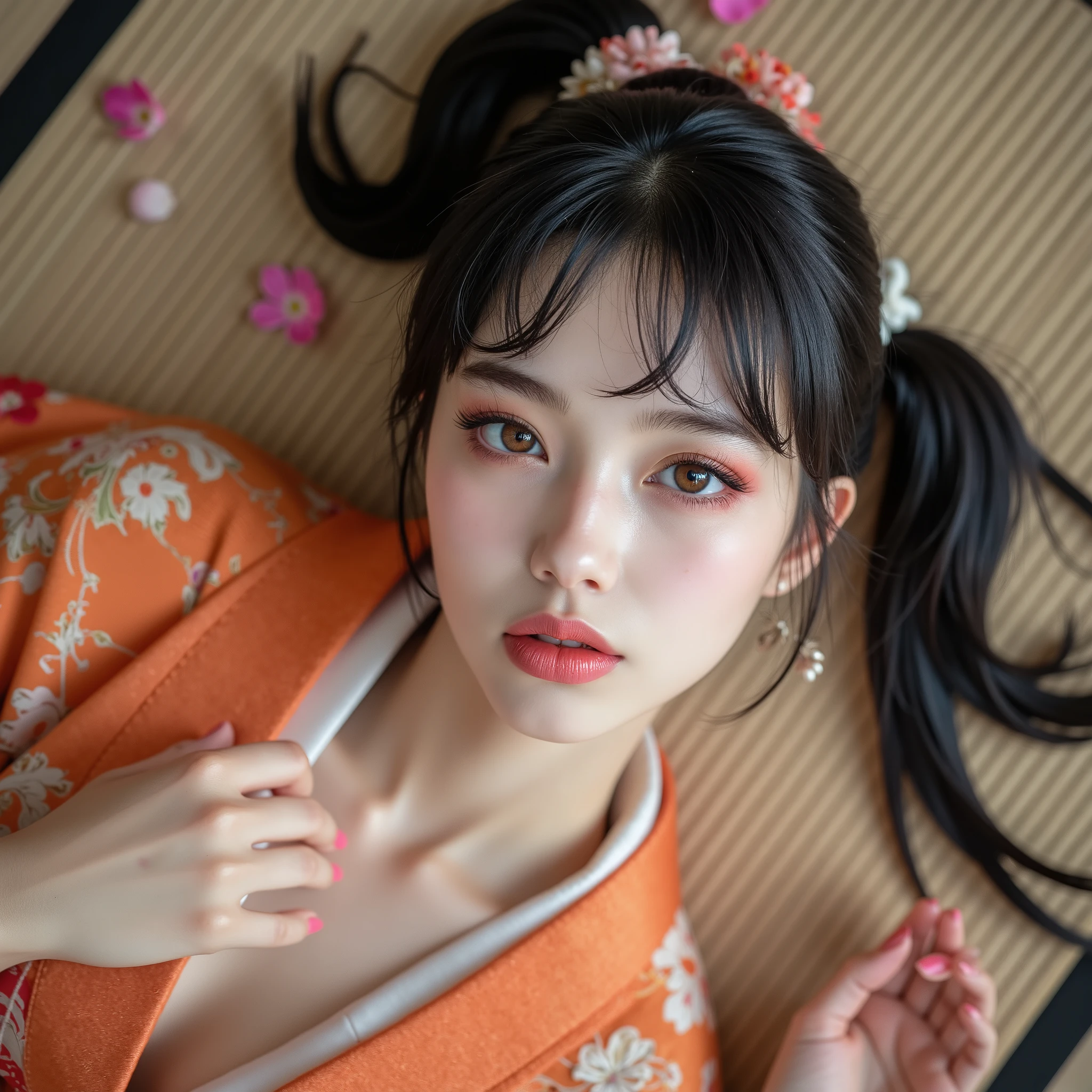 (Canon), (EOS R5), (50mm), (( photorealistic :1.5)), (No lens flare :1.5), (超 high resolution), (masterpiece), accurate, ( is presentな質感の肌), Super Detail, high detail, high quality , Award-winning work , 最 high quality, 32K, depth of coverage, digital camera, award-winning glamour photo , professional lighting, ((最 high quality:1.5)), ((masterpiece:1.5)), (( is present)), high resolution, (とても美しくて可愛い1 personの日本人女性), ((Aerial view from above :1.5)), (( upper body shot lying on your back from head to knee :1.5)), (((lie on your back:1.9))), ((( Take a picture of your upper body lying on your back with your back on tatami mat and your face and chest facing up:1.8))), ((A half-naked Japanese woman wearing a Japanese kimono)), ((Lying on your back on a beautiful tatami mat in a Japanese-style room :1.5)), ((Lie on your back with your face and chest up :1.5)), ((( wearing only Japanese kimonos , no underwear, no shoulder straps , Semi-nude:1.5))), ((( The front of the kimono is wide open to see the cleavage between the shoulders and bust :1.8))), (1 person), ((Beautiful and cute, 18 year old Japanese)), (( a very cute high school girl who feels young )), ( beautiful black hair ponytail), Very beautiful and sexy, charming beauty, seductive pose holding hands, Height: 160cm, slim figure, Beautifully shaped bust , D Cup, (A very cute, cheerful smile:1.5), ( alone:1.5), ( brown eyes:1.9), ( Detailed depiction of extremely realistic skin ), (Highly detailed, realistic eyes:1.9), (Very beautiful, long, realistic eyelashes), (Highly detailed, realistic eyebrows), (丸い brown eyes :1.8), ( beautiful catchlight on the eyes), (Realistic lips with moisture ), ( white realistic teeth arranged neatly), ( Beautiful and Detailed Face :1.6), ( hourglass figure:1.6), (Wasp waist :1.5), ( Perfectly round and beautifully shaped bust :1.8), ( clearly contoured cheekbones :1.5), ( perfectly styled body :1.8), (Healthy body :1.8), (Narrow shoulders:1.9), ( staring at viewers), ( seductive gaze), (Beautiful, natural-looking hands), ( beautiful pink nails with a beautiful length ), ( show your hands as little as possible ), ( very cute smile:1.1), (Waist, I can see my stomach:1.4), Intricate and detailed, colorful depiction , (( An orange Japanese kimono with a beautiful and cute flower pattern designed like an orchid :1.5)), (( putting on a kimono to show cleavage between both shoulders and bust :1.3)), ((( off shoulder:1.8))), (( Beautiful orange Japanese kimono with a beautiful floral pattern )), ((Kimono with a flower pattern on orange fabric )), ((I can't show my feet)), Flower Hairpin, (Ikebana can be seen behind it ), extremely sexy sensual body , , like々 sensual elegance, Black and White, sexy look , Lying on the tatami mat in a Japanese-style room, shot taken from directly above, ( Beautiful pink, yellow, and white petals are scattered on the tatami mat), Japanese style hairpin, Japanese Style Hair Ornament, A gentle-looking face, thin waist, ( the kimono is large and the shoulders and chest are quite exposed ), ((I can't show my feet)), blur background, Illuminate the face, beautiful body line , Beautiful, realistic skin , Art Photography, beautiful soft lighting ,