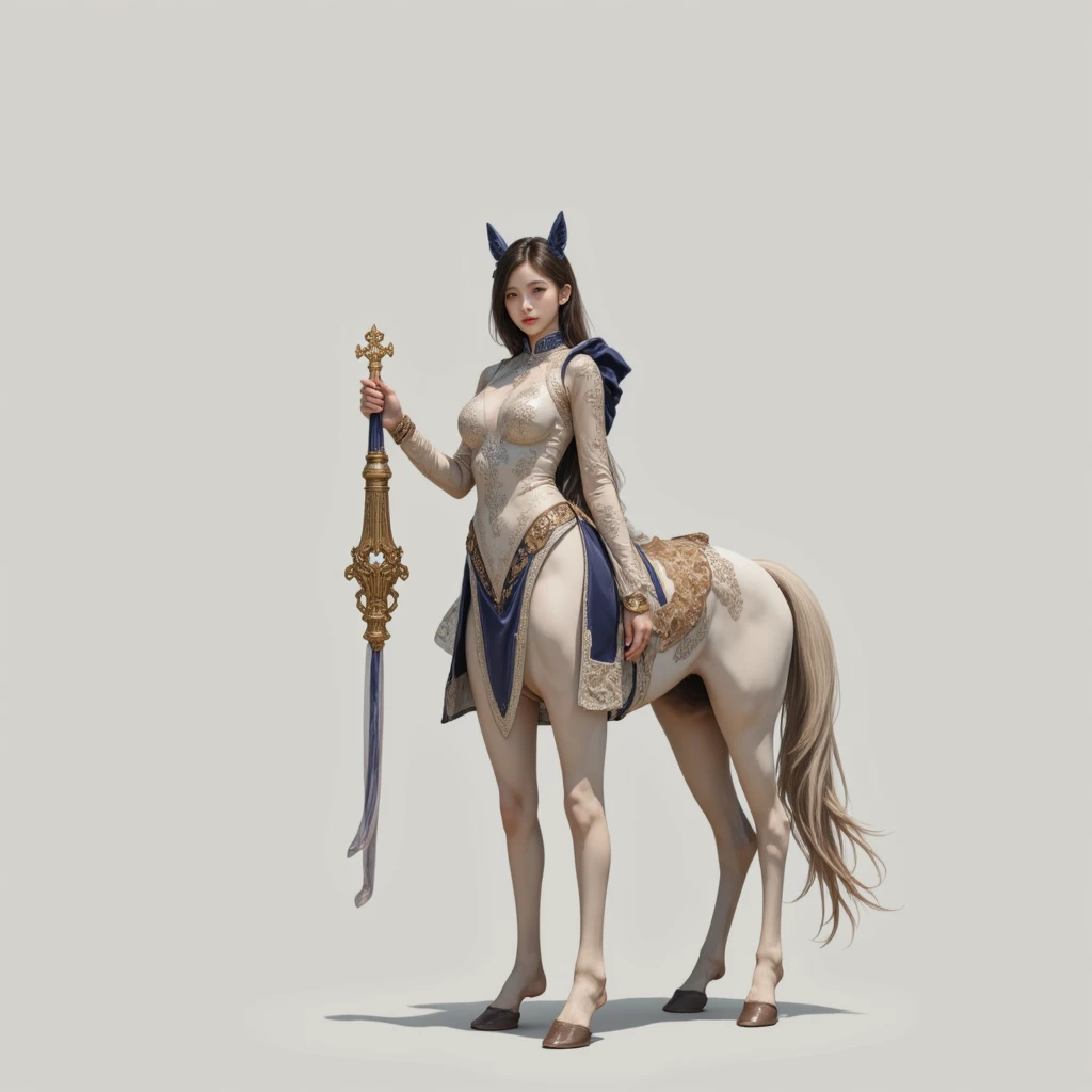 A female centaur,She is famous in the multiverse,She is both a female centaur, half human, half horse, half horse,It is also a female Yingzhao。She blends both images,The first is the head of a horse/neck/Shoulder these parts,After feminization,The upper body transforms into a beautiful female human,Female, half-centaur, half-human, half-horse, half-human,The second is the waist of the horse/hason/gluteal/Legs feminine,Female half-horse with beautiful woman's,Chimer,It's like a female human wearing a half-horse-like costume and making a seamless chimera,This chimerization is based on powerful futuristic technology。The ultra-wide-angle lens captures the image of her beautiful and ethereal wings on the ionosphere launching a super-high-speed charge and leaping。Her front half is distinctly feminine,Tall sexy body,Has K cup teardrop-shaped giant tit chest,It has a small man's waist butterfly spanning long legs,The half-horse part of the hind body,Embedded interface at the hip position。Her horse-shaped part has female physiology and ergonomics on both the half-horse torso and hips and legs。The chest cavity of a woman in the shape of a bent dog style embedded in the lower back position of the beautiful woman's body starting from the upper part of the sternum/lower back/Ventral transverse。Then there are the sexy beauty's upright hips,Her entire body has been completely feminized,Including the half-horse part。Mechanized armor covers the legs with knee-shaped anti-joints and feet,And these parts are highly anthropomorphic,This makes her legs graceful and slender,Her four horse legs exploded in length proportions and was slender and toned,Under the legs are skinny white feet dressed in Skyscraper Heels,Use Midjourney's advanced stroke tools and color palettes, as well as texture packs, model packs, and texture tools,Concentration,Include all parts of her original horse physiology including fur/Waist and abdomen/Hip legs/Leg Capital Feminization,And give these parts a correspon
