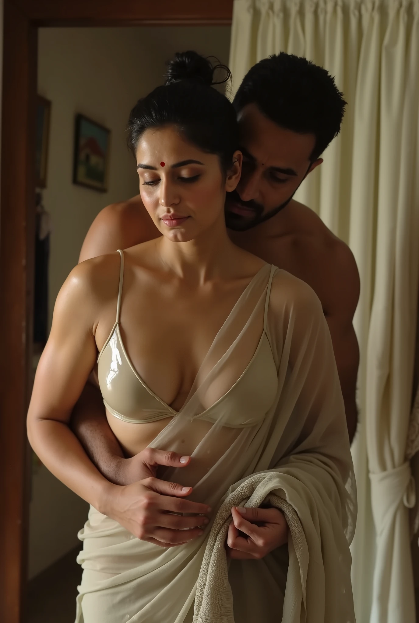 matured indian girl and boy, just out of bath, she is drenched, drying her hair with towel, natural scene, wearing a low v cut transparent wet blouse, she is wearing no bra, boy is hugging her from behind, boy is grabbing her blouse, full transparent plain teal saree that covering only one side of her boobs, her cleavage seen, she is in her cozy and simple home