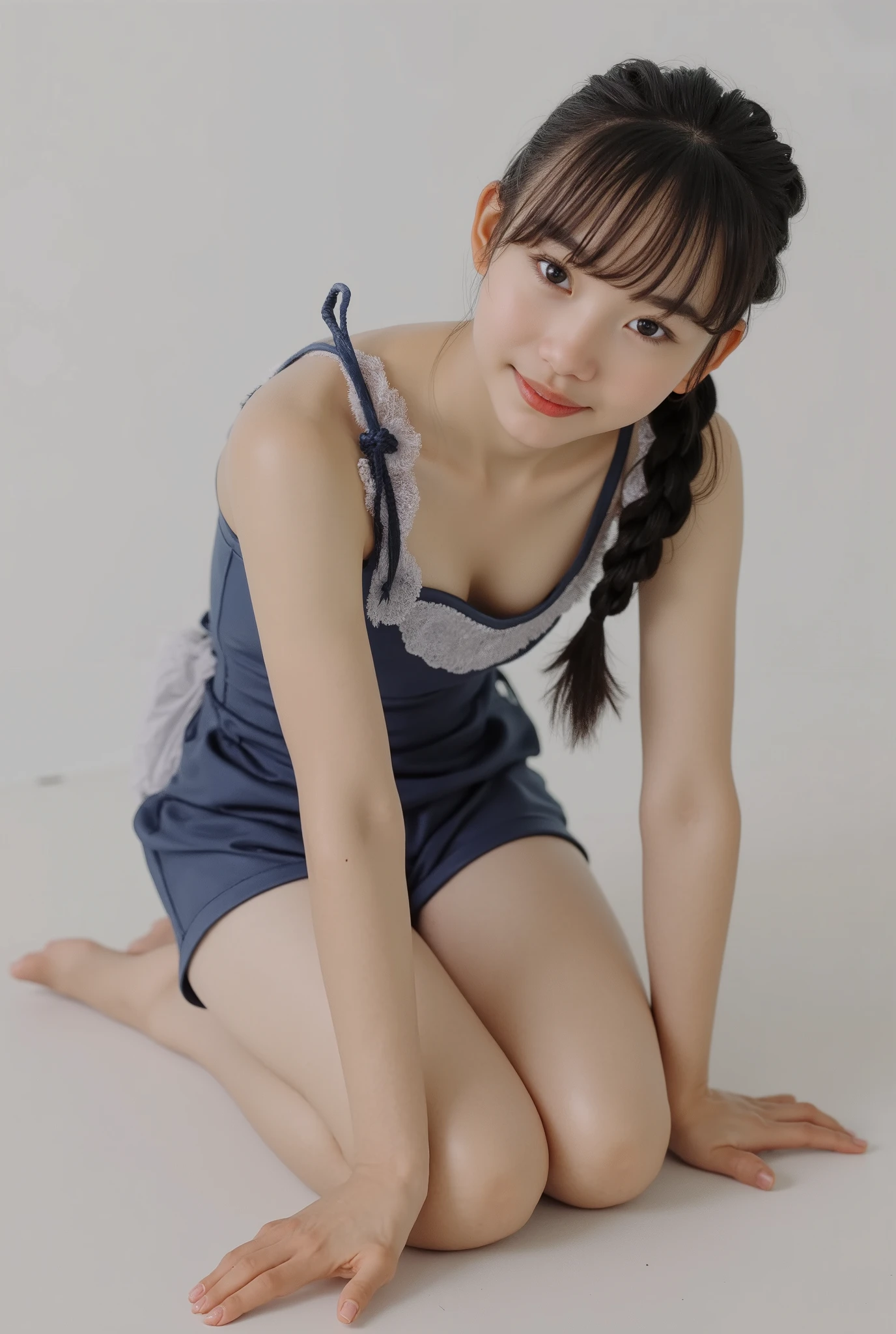 one person、13 years old、Full body photo、slender、woman、White drool coming out of the mouth、smile、Short Twin Tails、Stick your butt out、 Fair skin, messy hair, super cute、Soft and Face、8K resolution、Surreal、Ultra high definition、 A-cup small breasts((Highest resolution、8k、masterpiece:1.3))、Ultra-fine face、Ultra Fine Lips、Beautiful Eyes、double eyelid,Dark blue walls、Red striped bandeau dress:1.1、Thighs、thin,Thighs are visible、Shapely small breasts、sculptural pose、