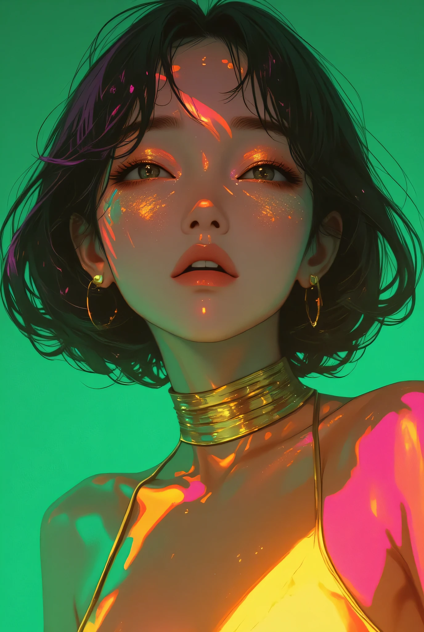 80’s glam rock makeup on shiny face, asian girl, anime, 2.5D, moody lighting, (green, pink, gold), pretty, sexy, minimal, sleek, slender, asian, elegant, futuristic, retro, sophisticated half human half machine, mouth open wide, Kizi,(eyes looking off to side), Highly detailed, Amazing work,Vitreous luster, blues, yellows, Best quality at best,shiny skin, no background, colorful background, green background, pink background, gold, background, plunging neckline, sexy pose, dynamic pose, heavy blushing, huge breasts,