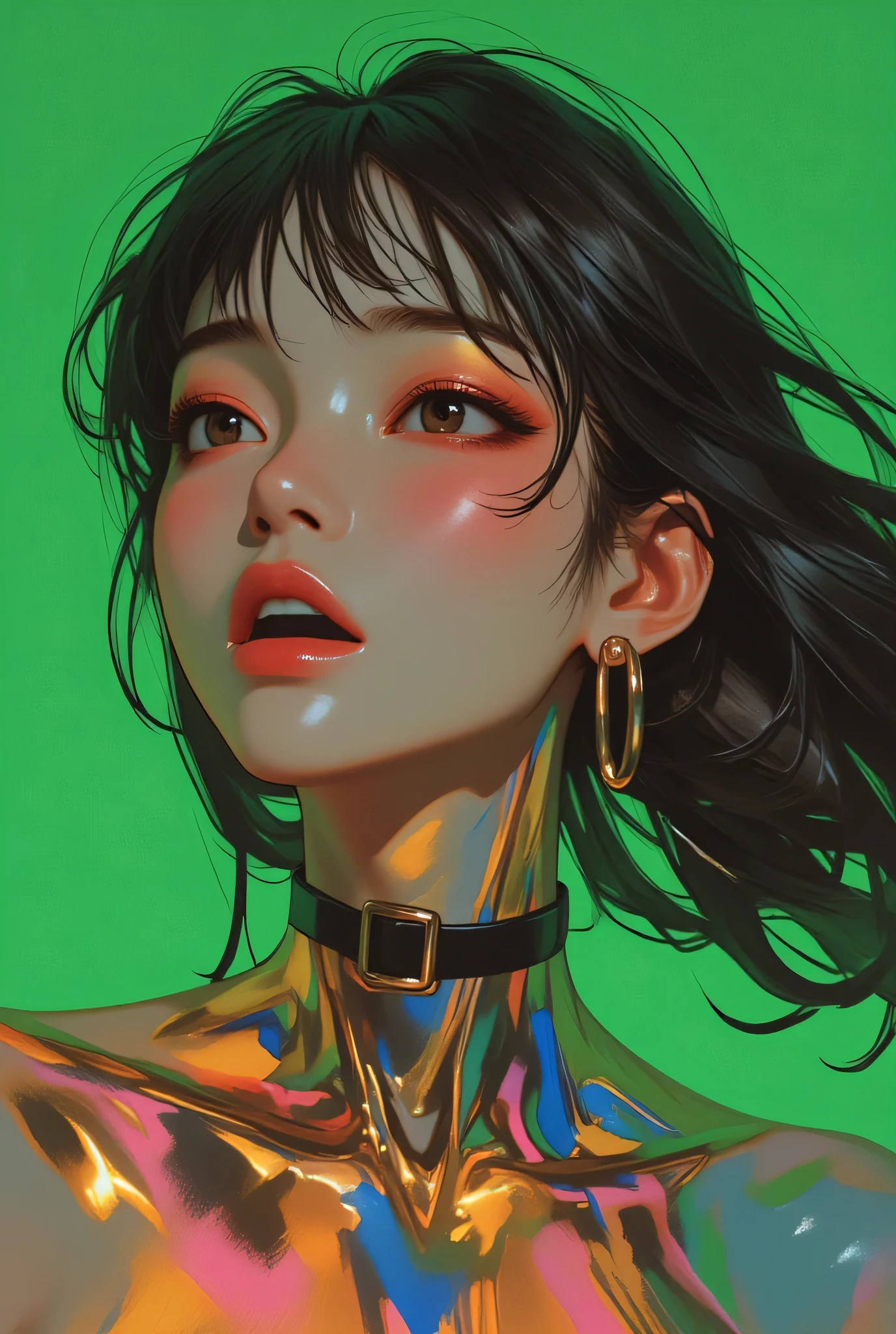80’s glam rock makeup on shiny face, asian girl, anime, 2.5D, moody lighting, (green, pink, gold), pretty, sexy, minimal, sleek, slender, asian, elegant, futuristic, retro, sophisticated half human half machine, mouth open wide, Kizi,(eyes looking off to side), Highly detailed, Amazing work,Vitreous luster, blues, yellows, Best quality at best,shiny skin, no background, colorful background, green background, pink background, gold, background, plunging neckline, sexy pose, dynamic pose, heavy blushing, huge breasts,
