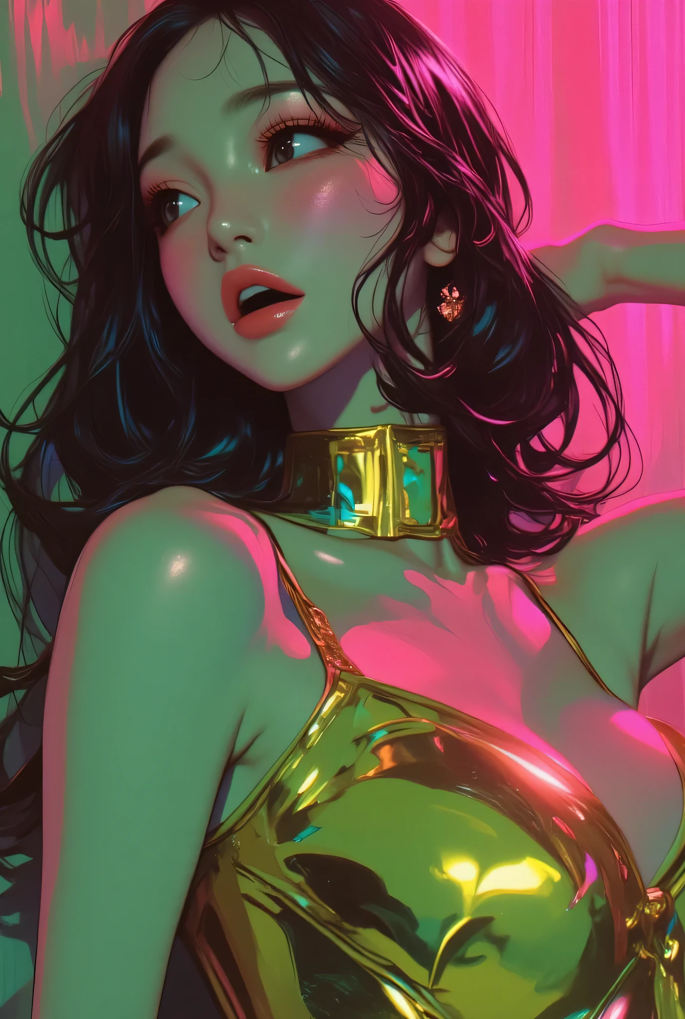 80’s glam rock makeup on shiny face, asian girl, anime, 2.5D, moody lighting, (green, pink, gold), pretty, sexy, minimal, sleek, slender, asian, elegant, futuristic, retro, sophisticated half human half machine, mouth open wide, Kizi,(eyes looking off to side), Highly detailed, Amazing work,Vitreous luster, blues, yellows, Best quality at best,shiny skin, no background, colorful background, green background, pink background, gold, background, plunging neckline, sexy pose, dynamic pose, heavy blushing, huge breasts,
