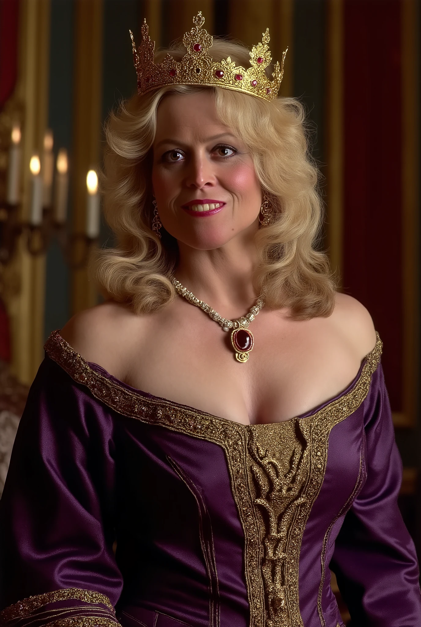 (Sigourney Weaver in the role of Gwen DeMarco from the movie Galaxy Quest), medieval queen, alone, looking at the viewer, standing upright, full body is visible, cleavage, wavy blond hair falls over her shoulders, wearing a gold crown, wearing a garnet ring, wearing a luxurious necklace with a big gemstone, wearing pearl earrings, wearing a luxurious medieval royal dress made out of silk with dark purple colour and golden seams, bare shoulders, ultrarealistic, a sexy one, luxury throneroom inside medieval castle with elegant colours, huge bust size, big butt, voloptous body, (realistic, a high resolution), best quality, high detail, royalty, serious facial expression, dark aura, nsfw