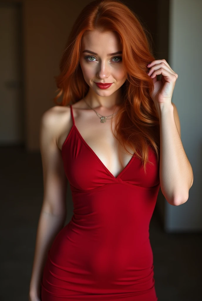 25 year old woman, White skin, Brown eyes, copper colored hair, It is on the balcony of a building, She is wearing a black strappy dress