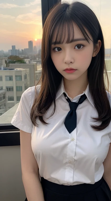(surreal), (8K), (very detailed), (best illustrations), (beautiful and detailed eyes), (highest quality), (Super detailed), (masterpiece), (wallpaper), (detailed face), alone, 1 girl, 26 years old, big breasts, I can see your breasts, cute, 1 hour drawing challenge, wet sweat, (school uniform:1.3), looking at the audience, exquisite details, detailed faces, ,Pure erotic face ace_ v1,