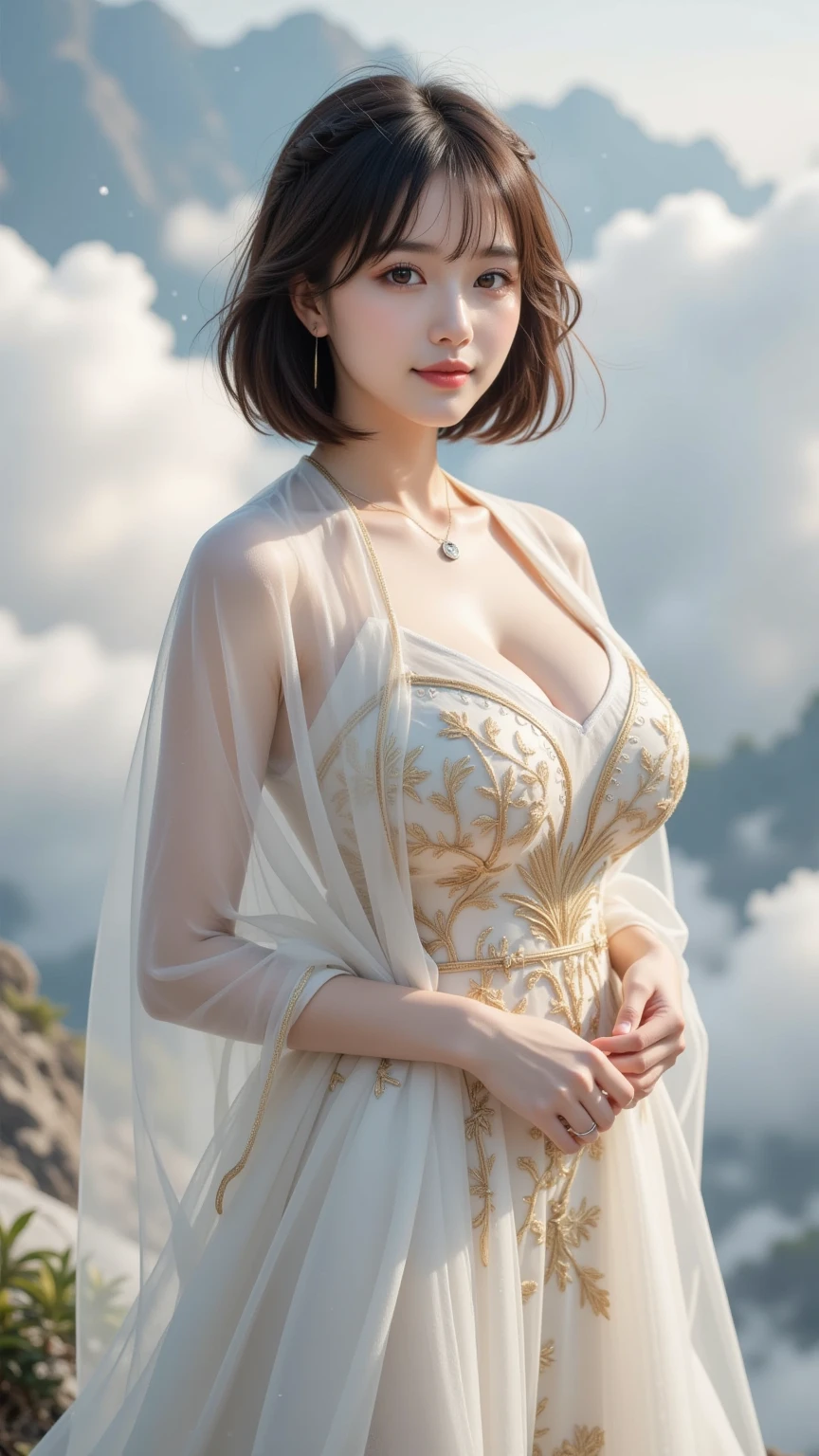 1girl,Tamaki,At sunset, the warm sunlight adds a golden hue to the scene. Wearing a flowing (white dress with transparent sleeves and a cinched waist: 1.4), blown by the breeze, and wearing earrings, she stands on the dock and looks at the sunset in the distance. The water is calm, with soft ripples, and the outline of the distant coastline can be vaguely seen in the background.(fashionable_Tattoos),(huge breasts),collarbone, cleavage,updo,Detailed Hair,(Tattoos),(masterpiece:1.5),( best quality:1.4), ultra-detailed,(((realisetic))),8K,{ (photorealistic:1.37),movie soft light,
