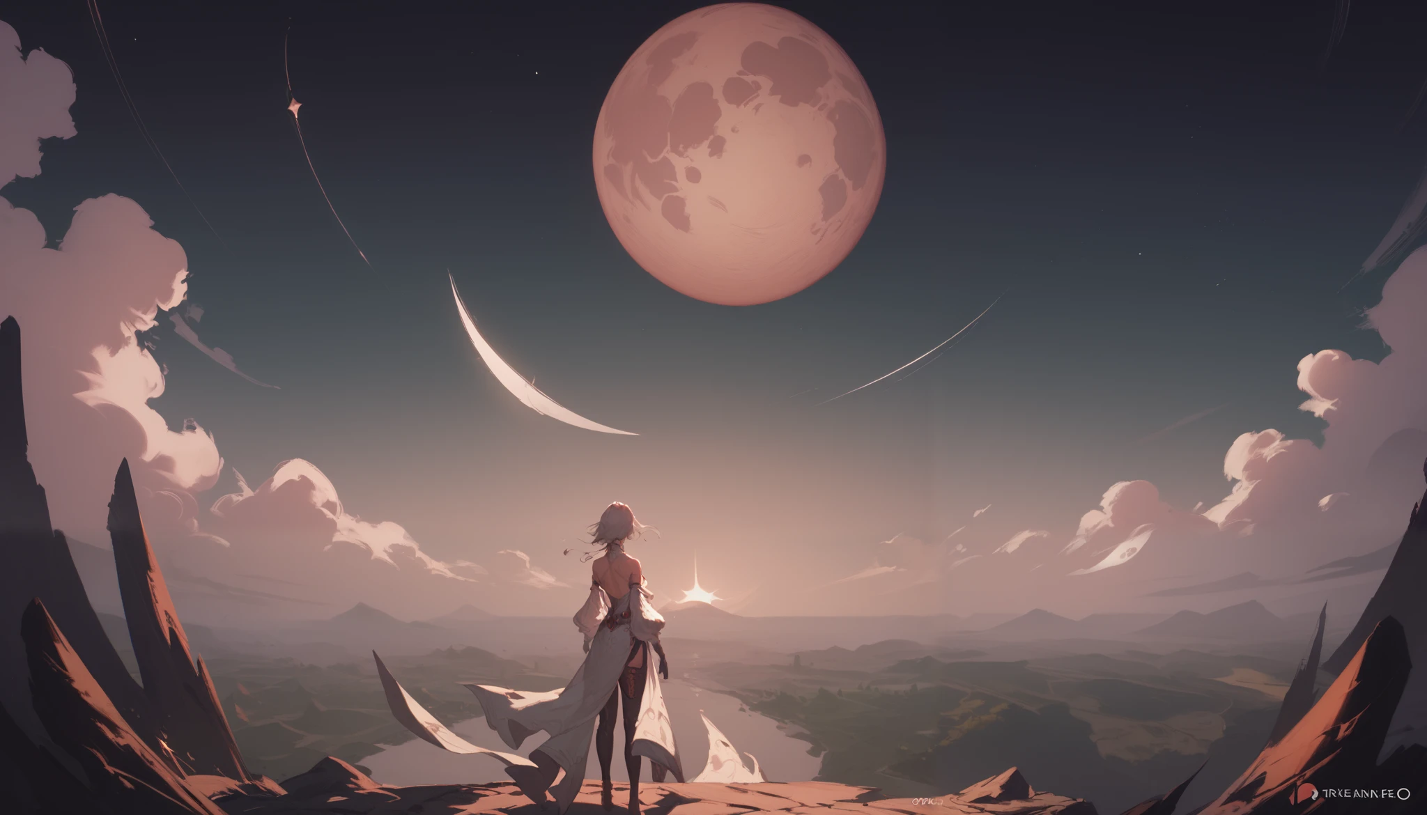 yorha10H, view from behind, stanfing on the surface of the moon, lunar surface, looking up at the earth, black sky, earth in the center of the sky, epic