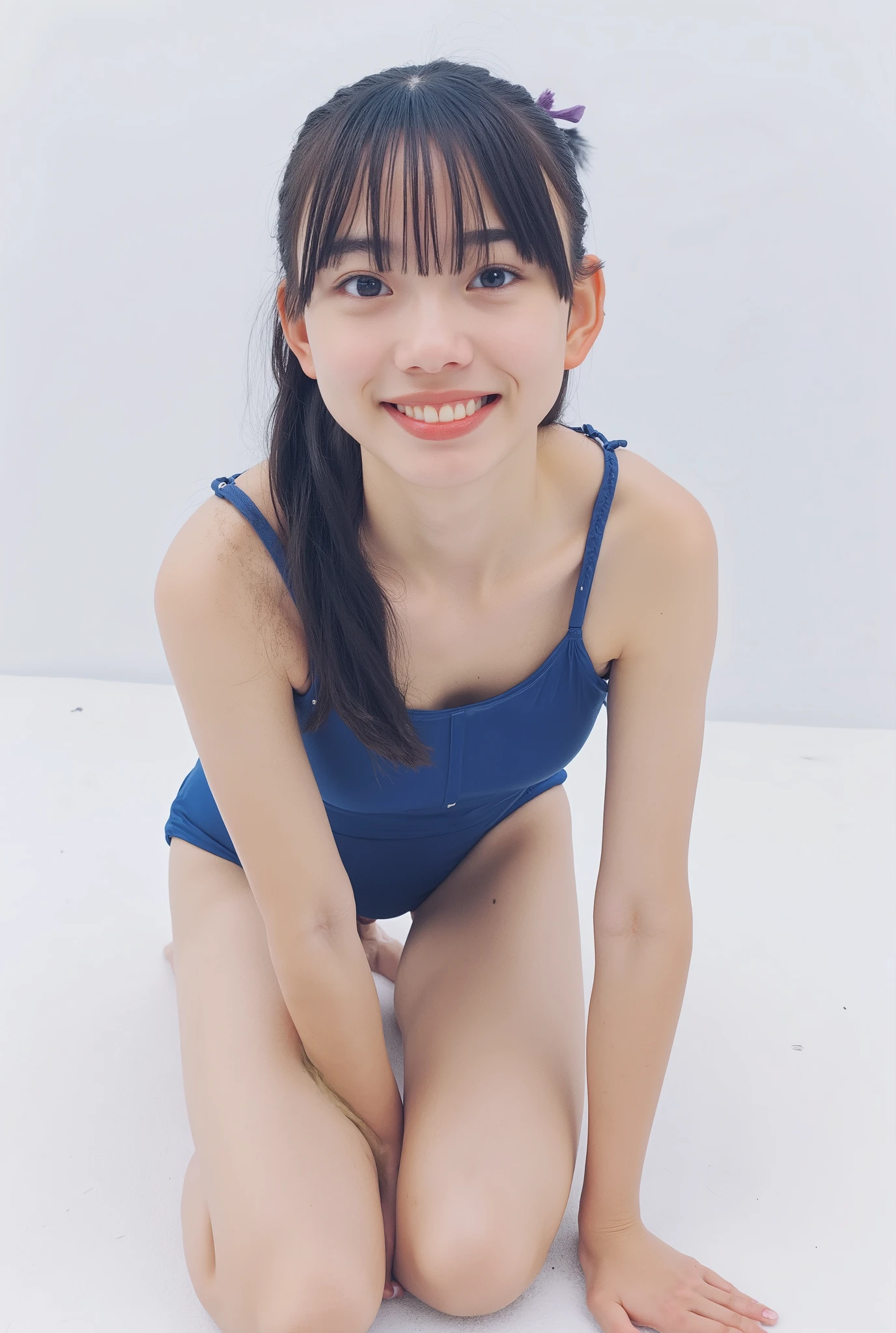 (4K, masterpiece, high quality, Details), (( Navy Blue One Piece Swimsuit:1.2, Japanese school swimsuit, slender, sexy collarbone, flat chest, braid braids, , Lean forward position with hands and knees)), ( flat chest:1.5)
