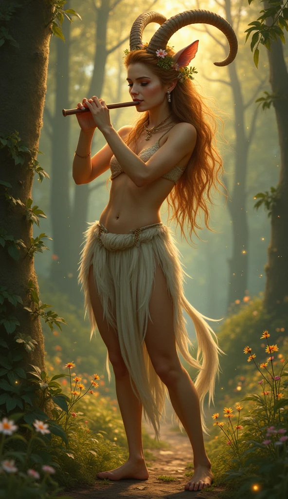 Naked white skinned woman with big breasts brown hair playing flute in a forest at night 