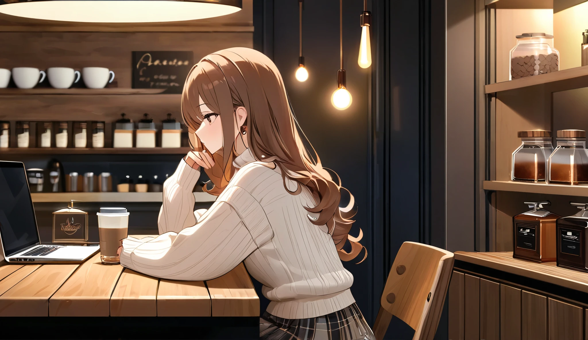 A cozy and stylish café with an industrial yet warm design, featuring wooden furniture, exposed pipes, and warm lighting. A young woman with long, wavy hair sits at a wooden table, seen from behind or in a side view, sipping coffee while enjoying a peaceful moment. She wears a casual yet fashionable outfit, such as a cozy sweater and a flowing skirt, with a book or laptop open beside her. The atmosphere is inviting, with coffee beans in glass containers and shelves filled with bottles in the background. The image is in 16:9 aspect ratio, 4K resolution, and high quality, capturing the fine details of the café and the woman's relaxed posture