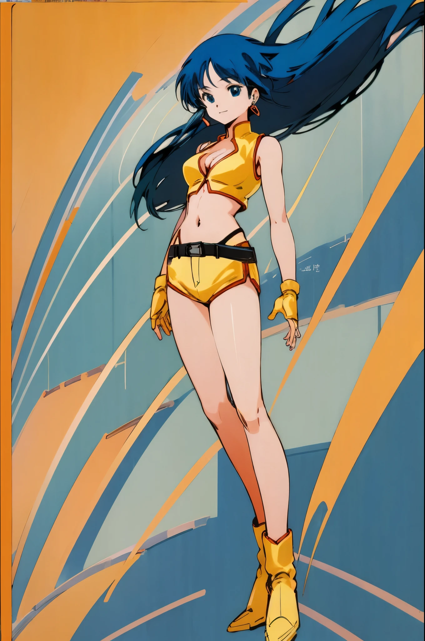  best image quality、 highest resolution、formula wallpaper、 full body portrait、 simple background、
Yuri, 1 girl,
 long hair,  blue hair , earrings,blue eyes,
 Yellow Crop Top, cleavage cutout , sleeveless,midriff,
 standing、 hair fluttering in the wind 、smile、