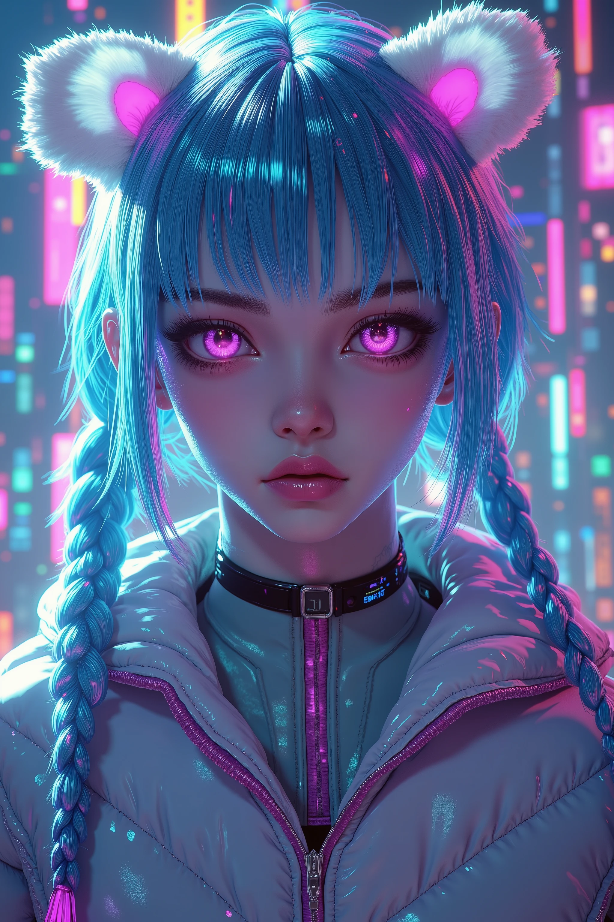 Anime girl with blue hair and pink eyes in a futuristic city - SeaArt AI