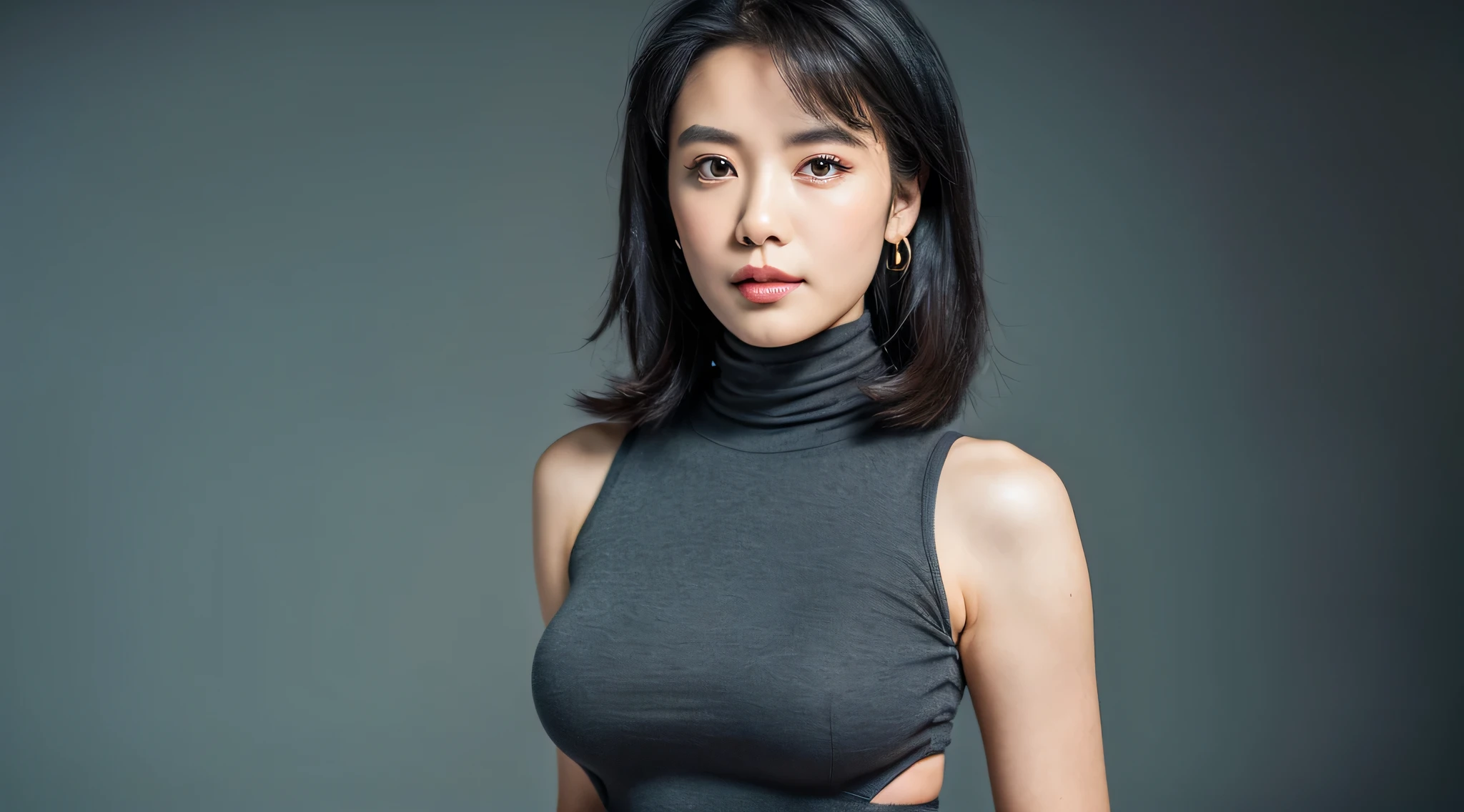 19 year old girl, (Light yellow V-neck sheer knit dress), (valley), Raw photo, highest quality, (realistic), very delicate and beautiful, very detailed, 8k wallpaper, High resolution, soft light, very detailed目と顔, beautifully detailed nose, fine and beautiful eyes, thin eyebrows, cinematic lighting, night city lights, perfect anatomy, slender body, large breasts with good shape, (straight hair), (short hair), (facing forward), (view audience), smile, asymmetrical bangs, black hair