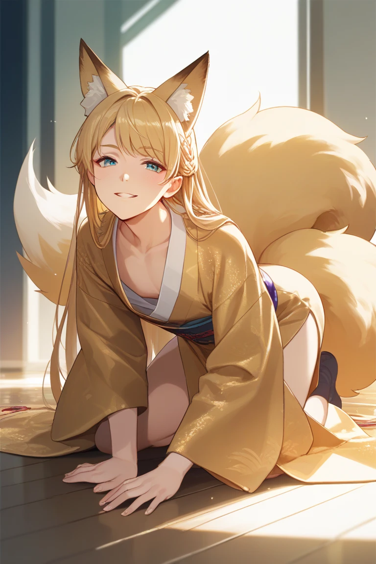 Beautiful and sexy blonde kitsune with a fox's ear and tail, flat