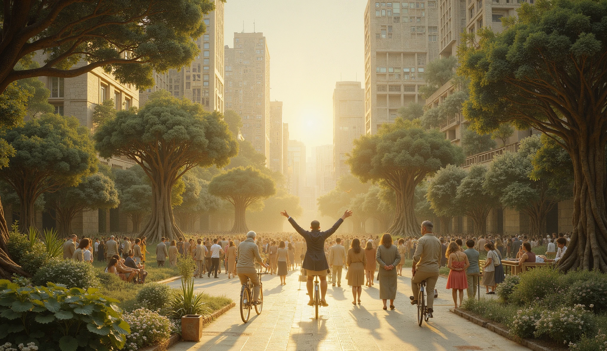 an image that represents that God is in everything I see , an image of a crowd of well-dressed people , walking in a square , with modern buildings in the background , a special glow shines on people and around the trees in the street, stand out two people riding bicycles freely with their arms in the air , (best quality,4k,8K,highres,masterpiece:1.2),ultra-detailed,(realistic,photorealistic, photo-realistic :1.37),Landscape,divine light ,glowing light, peaceful river ,lush greenery,God's presence ,tranquil,spiritual,calming