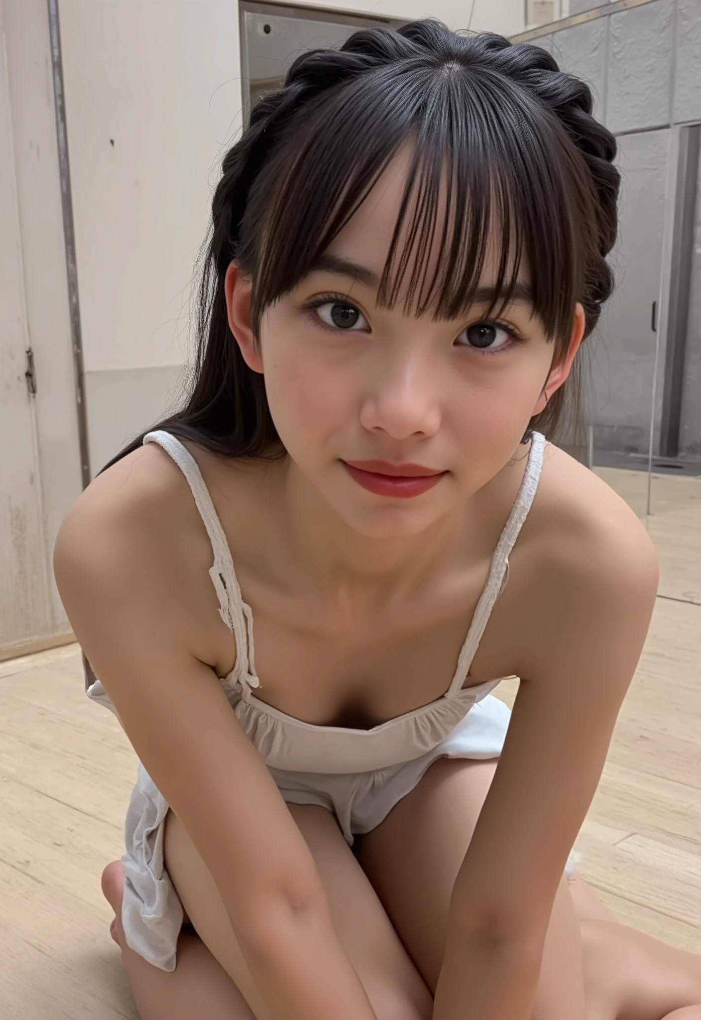 (4K, masterpiece, high quality, Details), ((I only wear a white camisole with no shoulder straps and white panties with a small area, slender, sexy collarbone, my breasts are bare, flat chest, short, Clothes Are Wet , Position of putting on your knees and leaning forward:1.2)), (( braid braids)), {{ :1.4}},, ( RAW photos in the loop, top quality ), (reality, reality:1.4), beautiful details, beautiful lip details , Very elaborate eyes and face , perfect anatomy, ( flat chest:1.5)