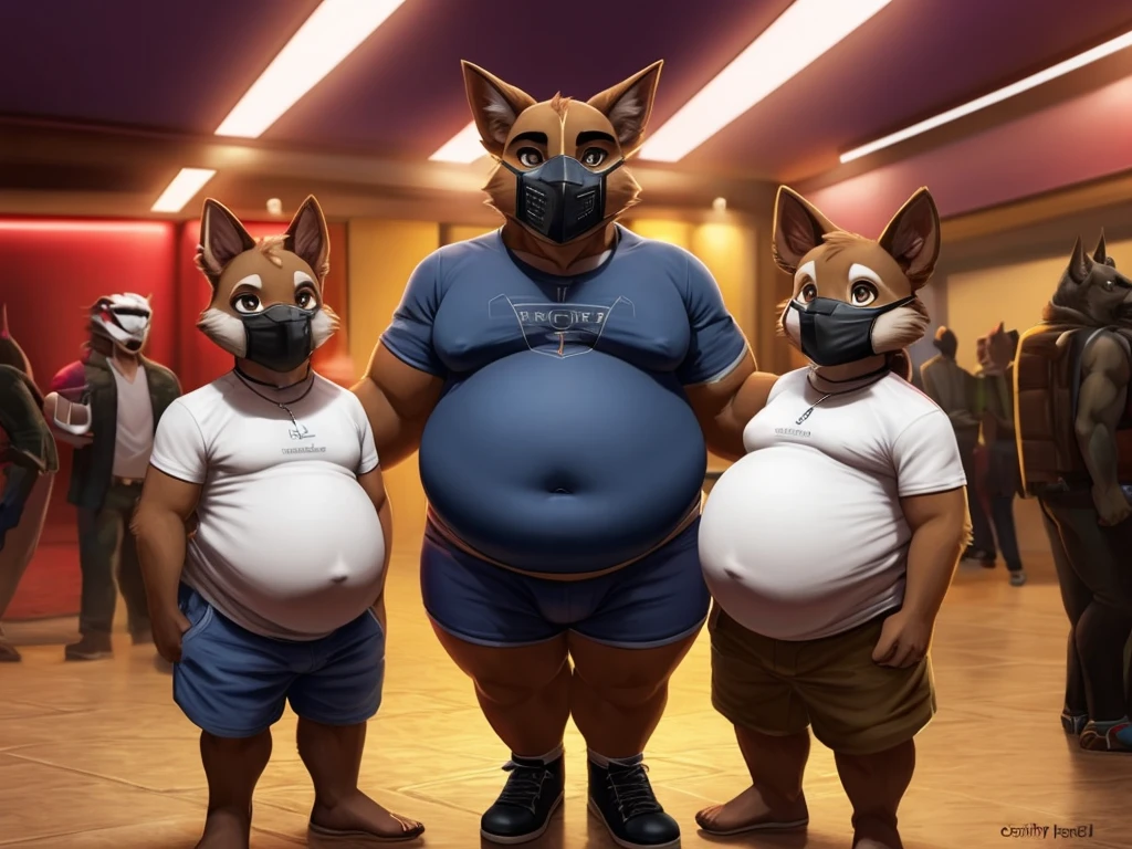 A giant cerberus with three heads wears a black and white puppy mask and puppy ears, He is obese , with short collars , bloated belly , wide hips, fat legs and arms , he wears a tight t-shirt and tight blue shorts , leather straps and abdomen are exposed , he is standing in the center of a movie theater , where the height of the young giant reaches the sky , in his right hand he is holding a shake