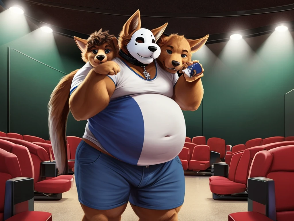 A giant cerberus with three heads wears a black and white puppy mask and puppy ears, He is obese , with short collars , bloated belly , wide hips, fat legs and arms , he wears a tight t-shirt and tight blue shorts , leather straps and abdomen are exposed , he is standing in the center of a movie theater , where the height of the young giant reaches the sky , in his right hand he is holding a shake