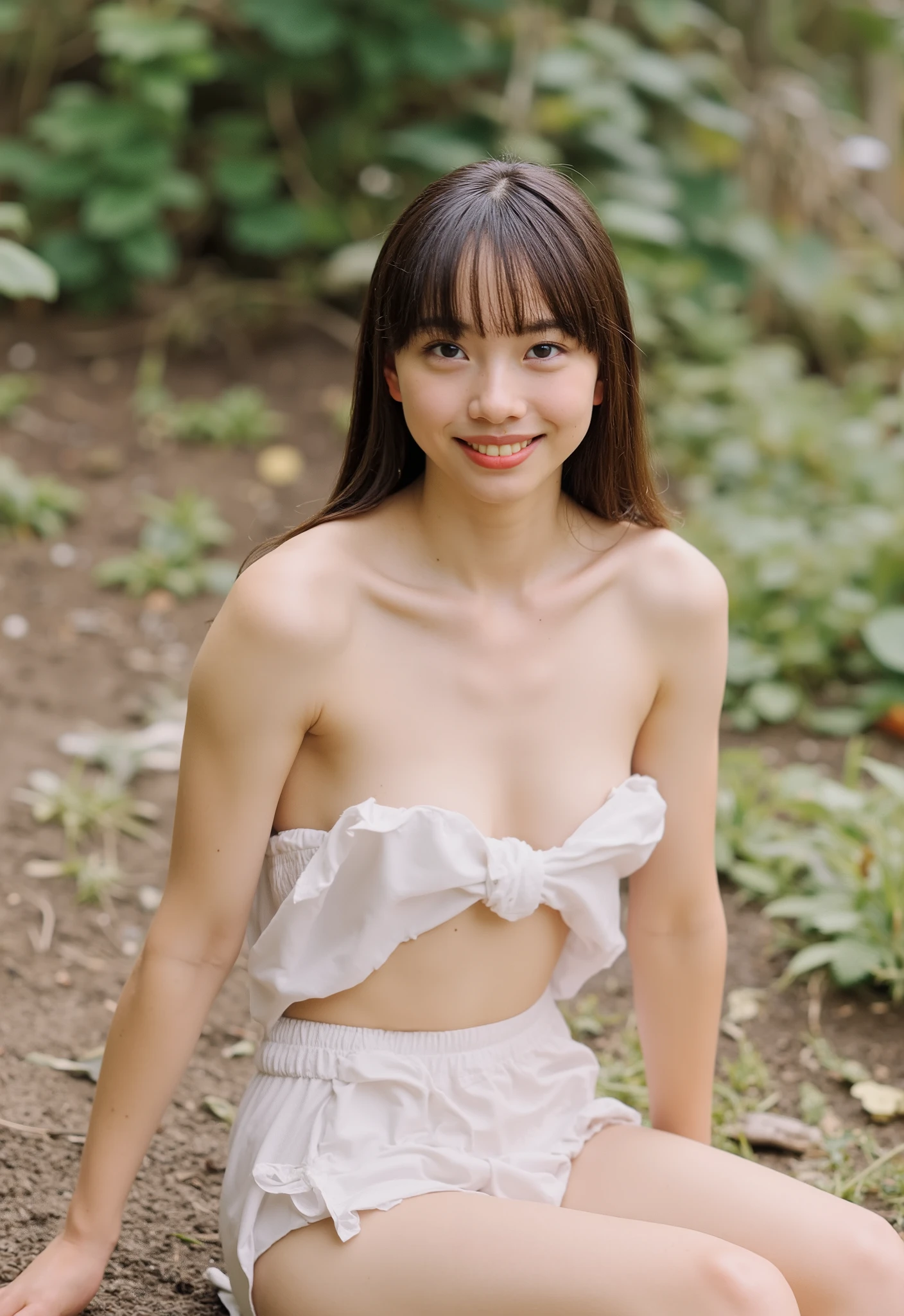 (4K, masterpiece, high quality, Details), ((I only wear a strapless white camisole and white panties, slender, sexy collarbone, My chest is wide open , flat chest, short, Clothes Are Wet , Position of putting on your knees and leaning forward)), (( braid braids)), {{ :1.4}},, ( RAW photos in the loop, top quality ), (reality, reality:1.4), beautiful details, beautiful lip details , Very elaborate eyes and face , perfect anatomy, ( flat chest:1.5)