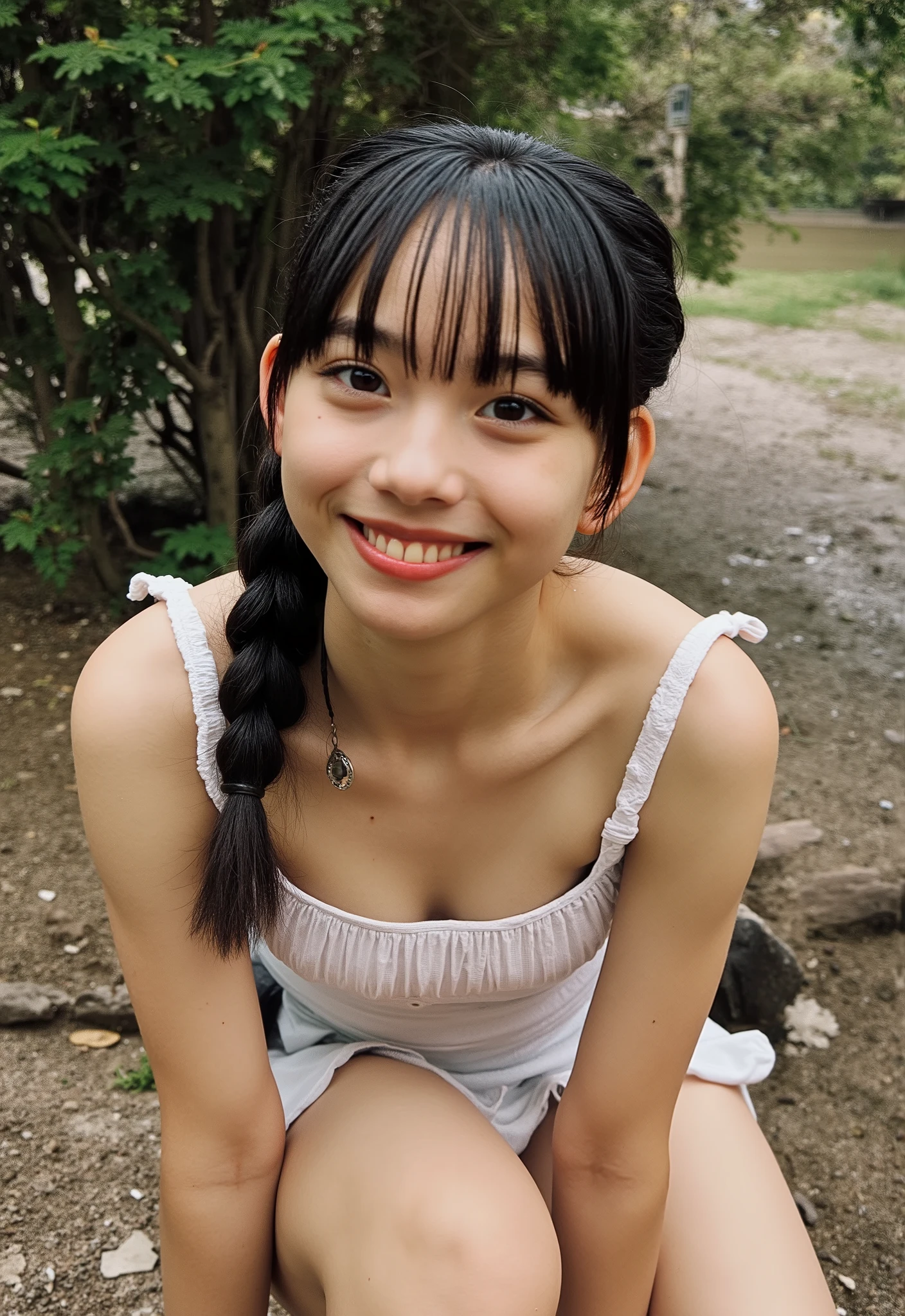 (4K, masterpiece, high quality, Details), ((I only wear a strapless white camisole and white panties, slender, sexy collarbone, My chest is wide open , flat chest, short, Clothes Are Wet , Position of putting on your knees and leaning forward)), (( braid braids)), {{ :1.4}},, ( RAW photos in the loop, top quality ), (reality, reality:1.4), beautiful details, beautiful lip details , Very elaborate eyes and face , perfect anatomy, ( flat chest:1.5)